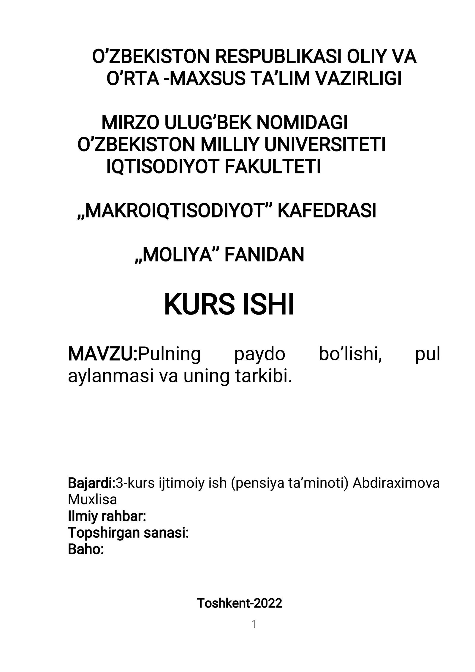 Pulning paydo bo'lishi, pul aylanmasi va uning tarkibi