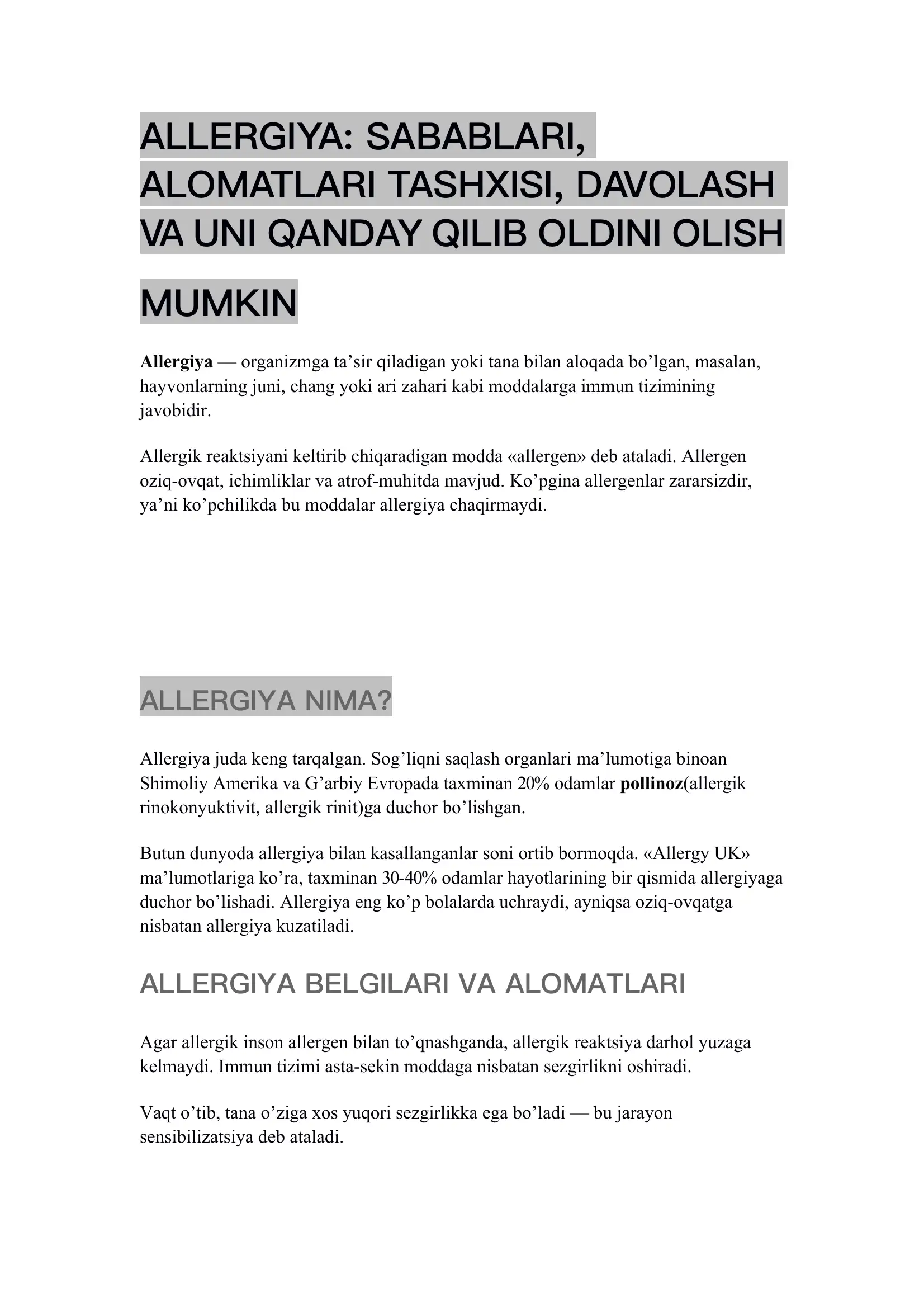 Allergiya: Sabablari, Alomaatlari Tashxisi, Davolash va Uni Qanday Qilib Oldini Olis
