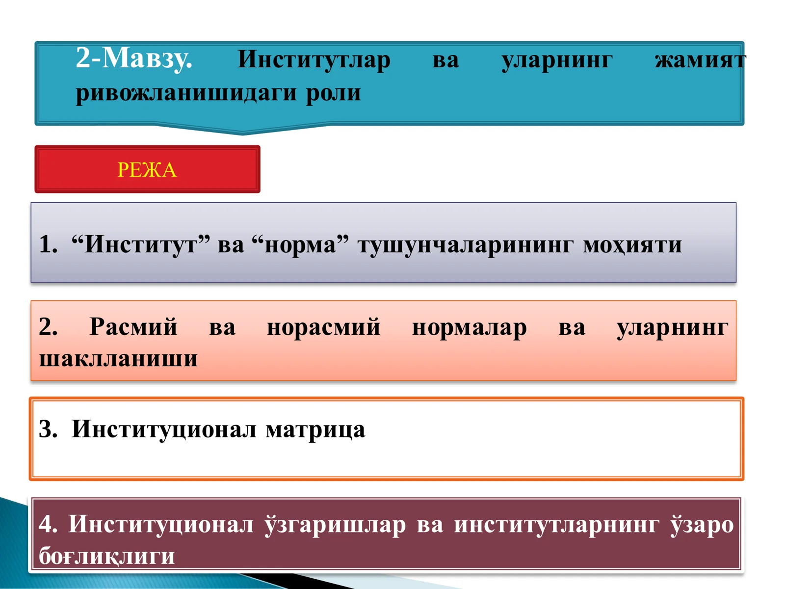 Режа: Институтлар ва уларнинг жамият ривожланишидаги роли