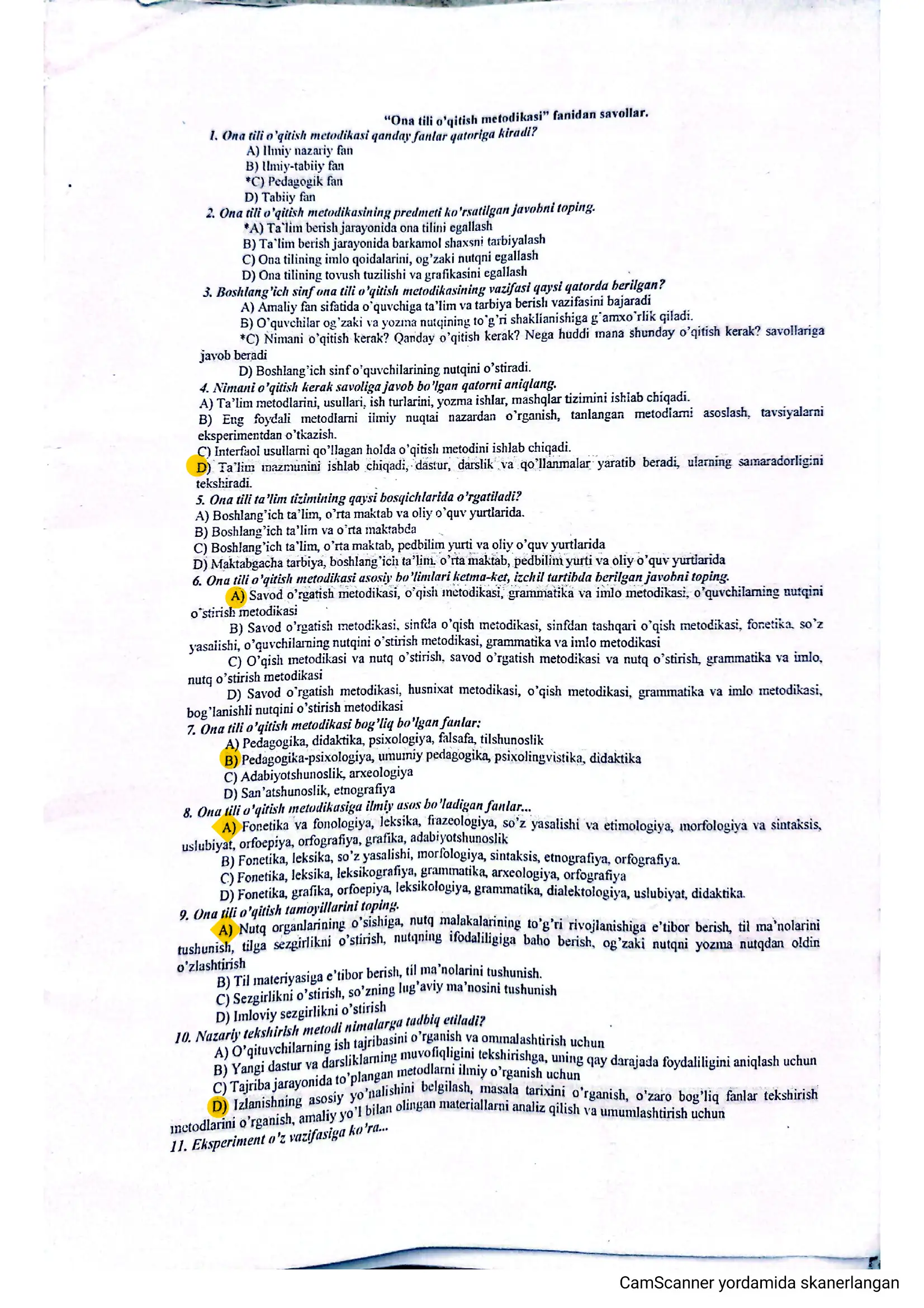 Boshlangʻich taʼlimdan test savollari va javoblari bilan