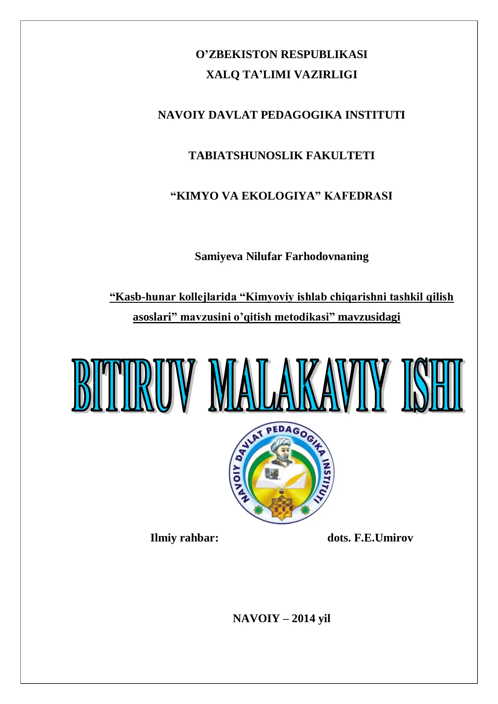 KASB-HUNAR KOLLEJLARIDA “KIMYOVIY ISHLAB CHIQARISHNI TASHKIL QILISH ASOSLARI” MAVZUSINI O’QITISH METODIKASI