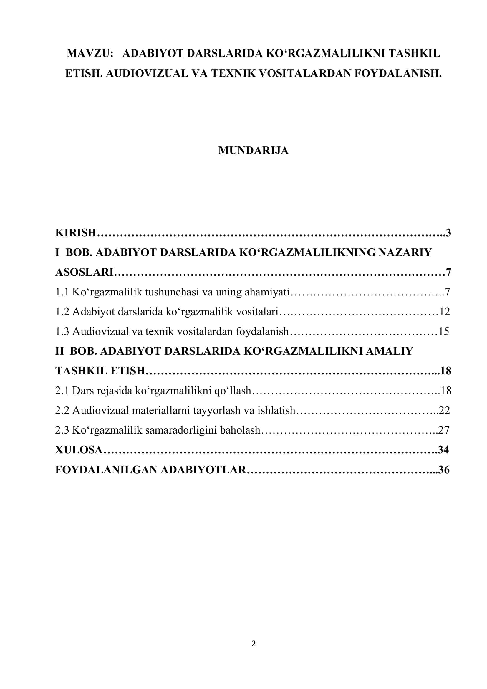 ADABIYOT DARSLARIDA KO‘RGAZMALILIKNI TASHKIL ETISH. AUDIOVIZUAL VA TEXNIK VOSITALARDAN FOYDALANISH