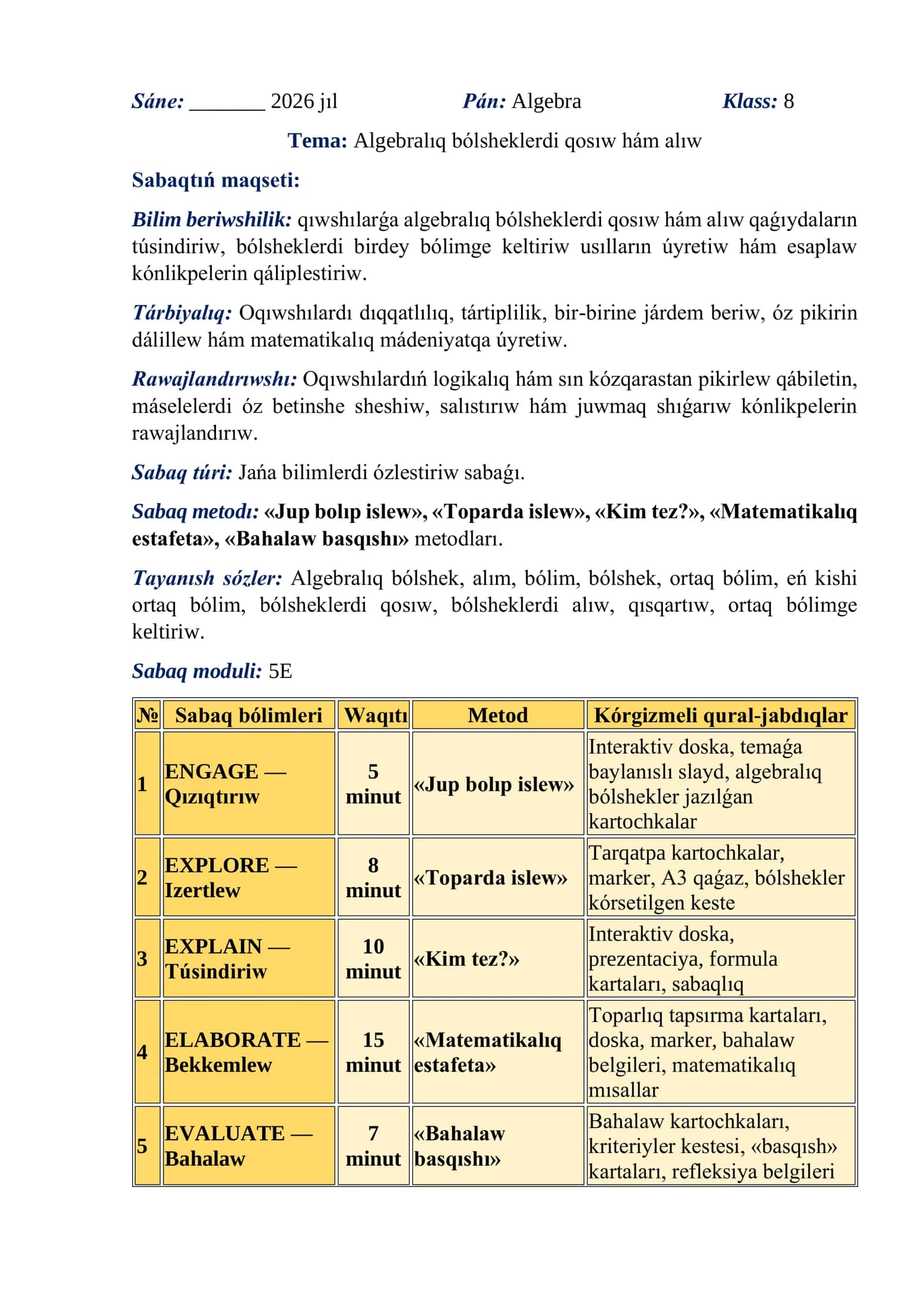Algebra Klass: 8