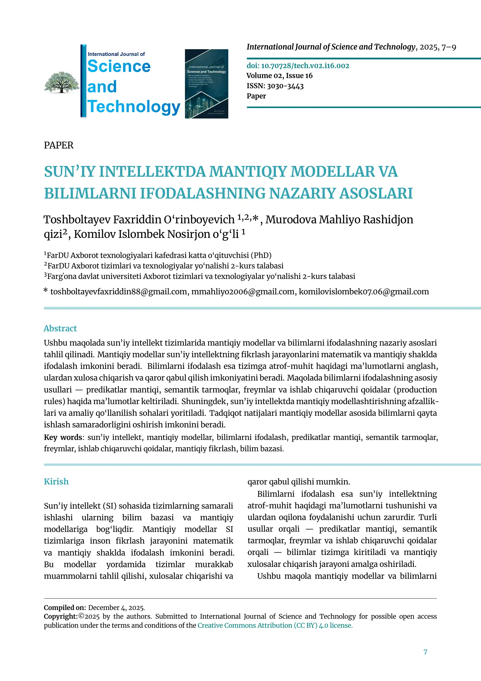 SUN’IY INTELLEKTDA MANTIQIY MODELLAR VA BILIMLARNI IFODALASHNING NAZARIY ASOSLARI