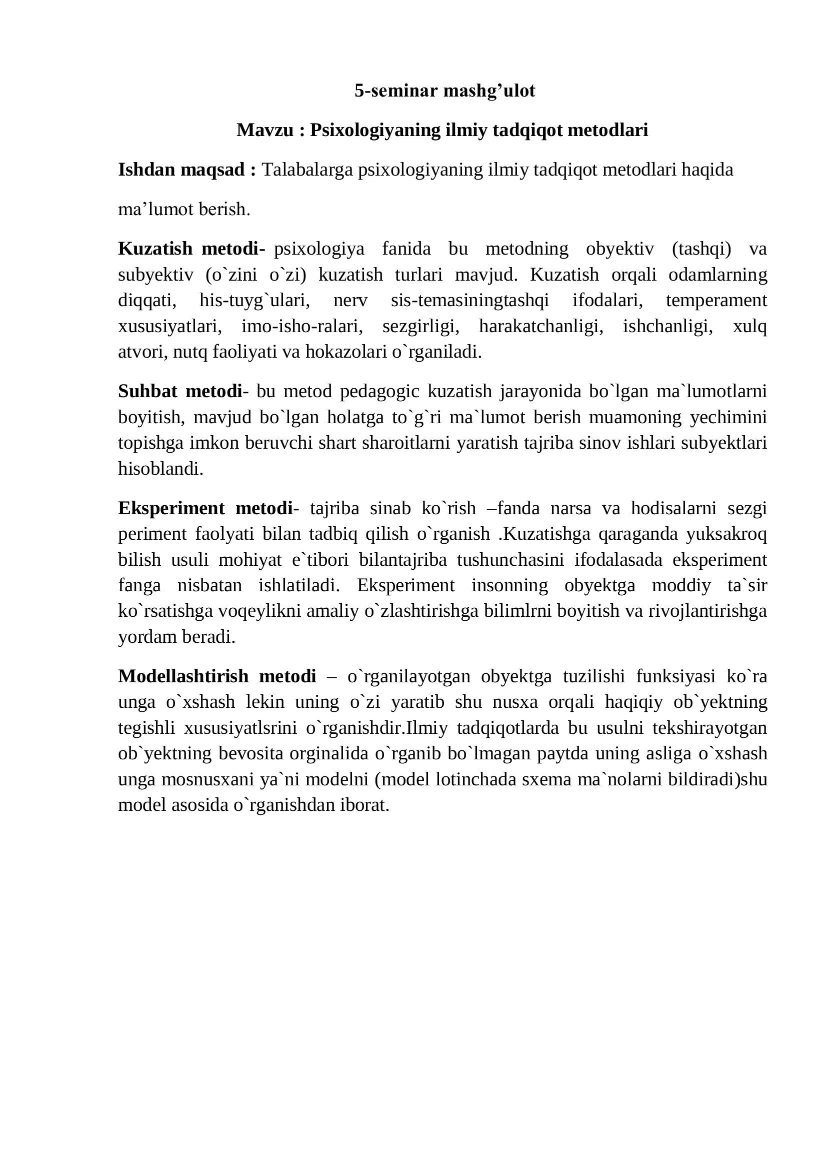 Psixologiyaning ilmiy tadqiqot metodlari