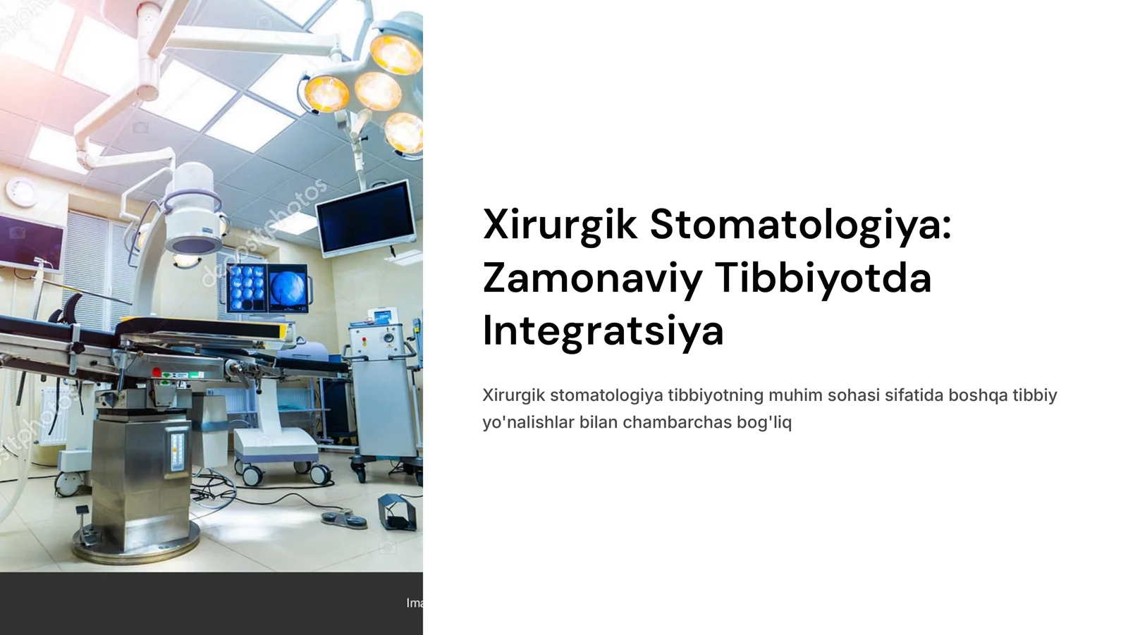 Xirurgik stomatologiya: Uni boshqa tibbiyot sohalari bilan bog’liqligi. O’zbekistonda xirurgik stomatologiyaning rivojlanish tarixi va unga hissa qo’shgan olimlar. Ambulator va statsionarxirurgik stomatologik yordamini tashkil qilish. Xirurgik stomatologiyada ishlatiladigan asbob uskunalar va xom ashyolar. Xirurgik stоmаtоlоgiyadа аsеptikа vа аntisеptikа qоidаlаri. Stоmаtоlоgik bo’limlаr vа kаbinеtlаrdа dеzinfеksiya vа stеrilizаsiyani tаshkil qilishgа tаlаblаr.