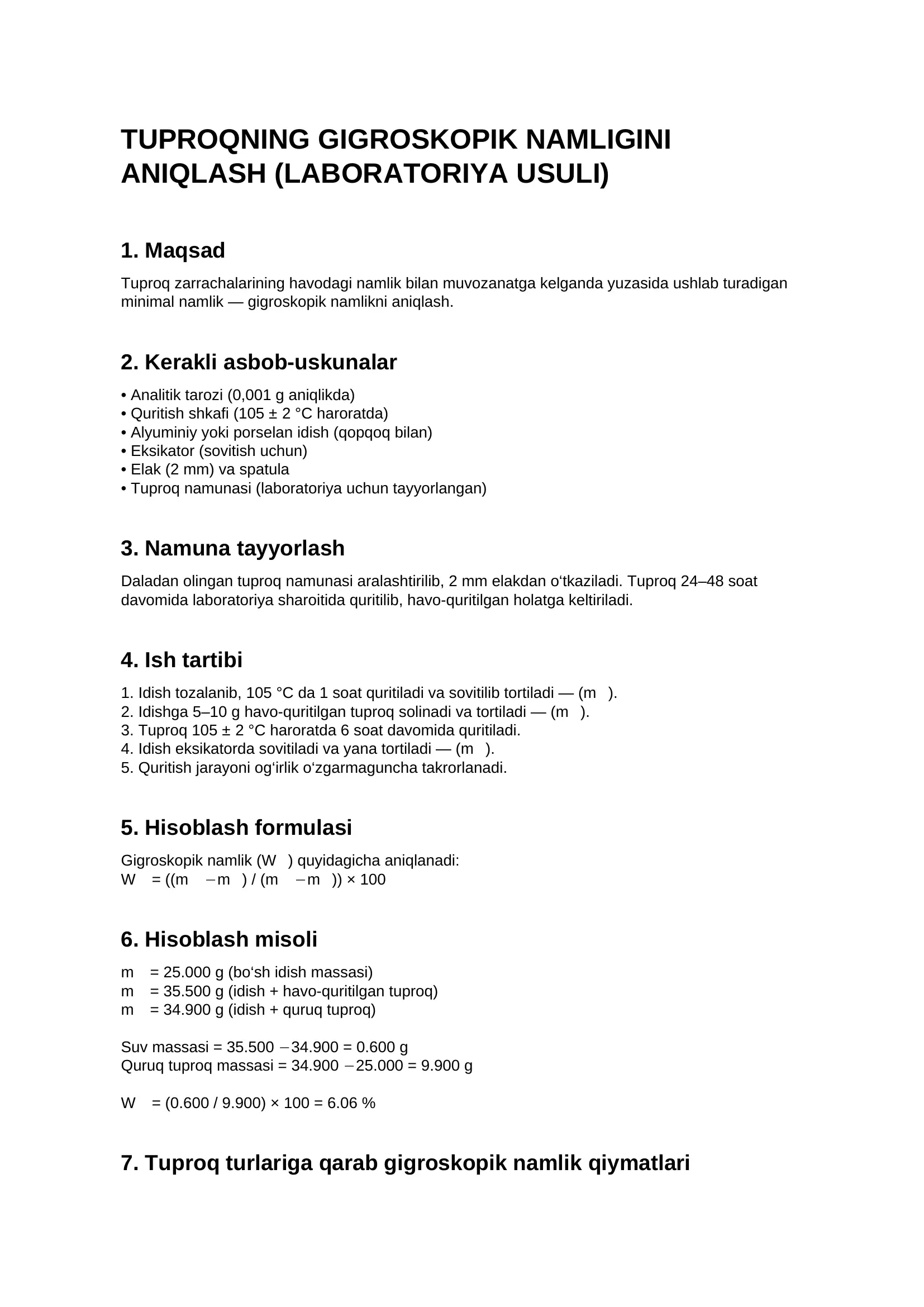Tuproqning gigroskopik namligini aniqlash laboratoriya sharoitida aniqlash