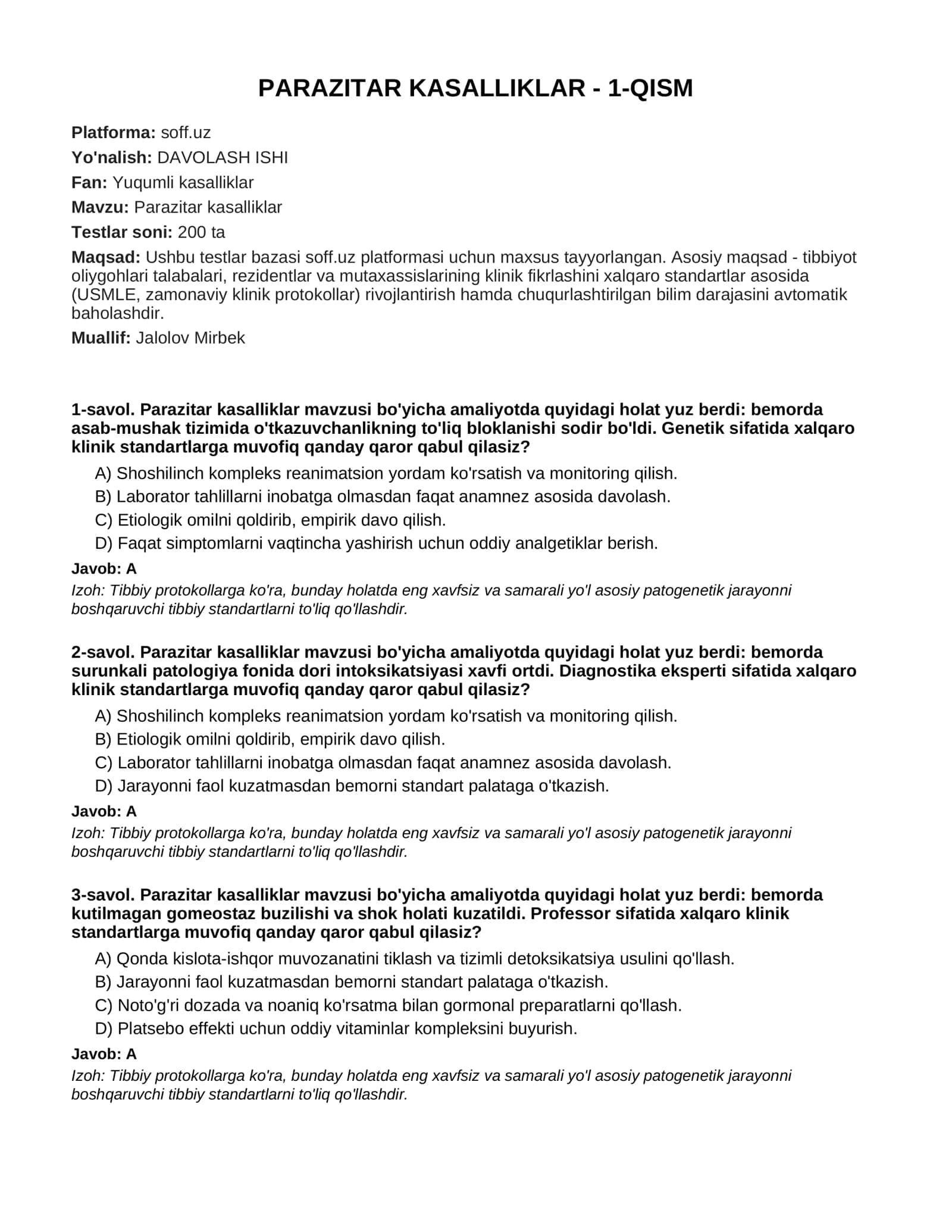 PARAZITAR KASALLIKLAR - 1-QISM