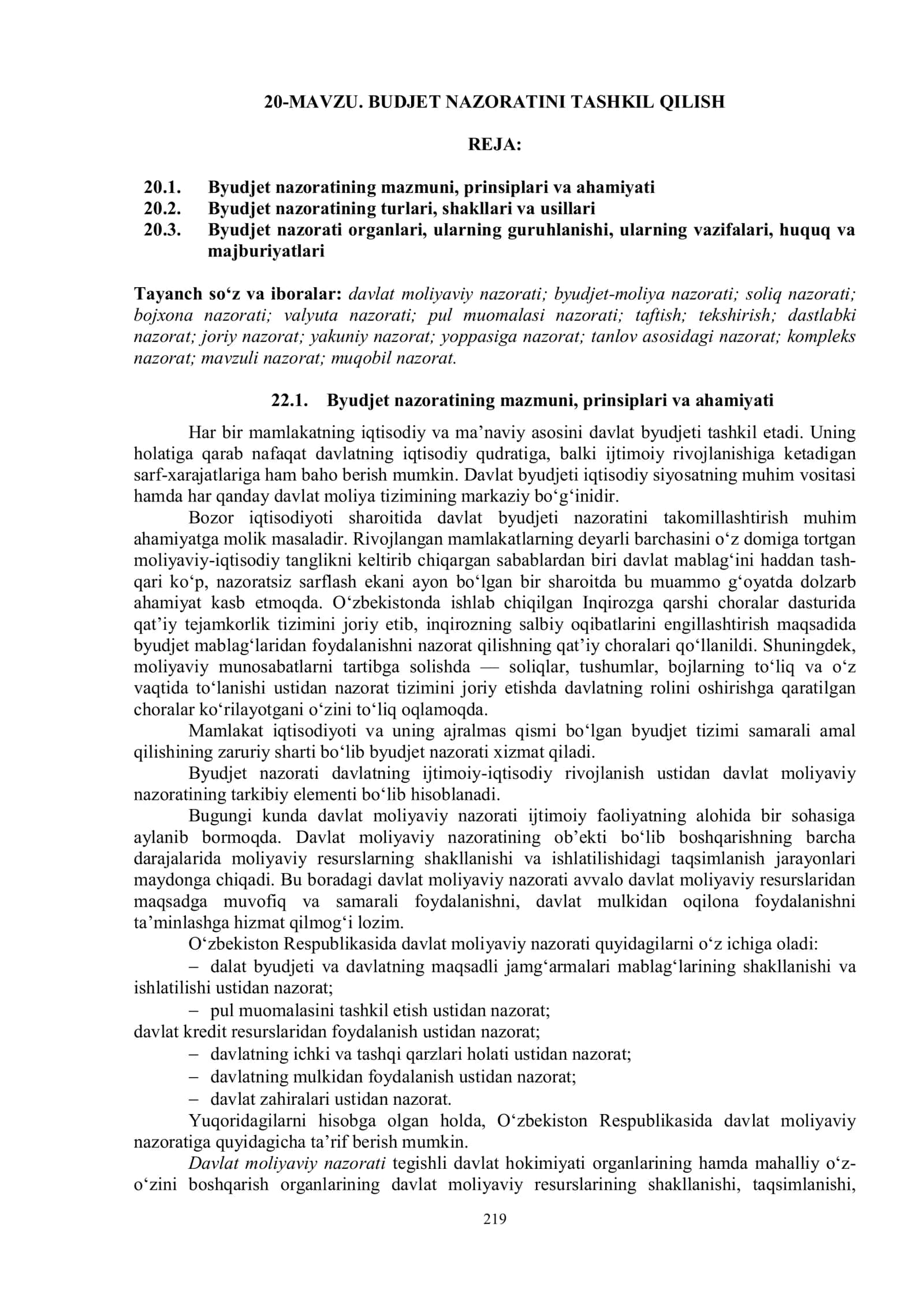 BUDJET NAZORATINI TASHKIL QILISH