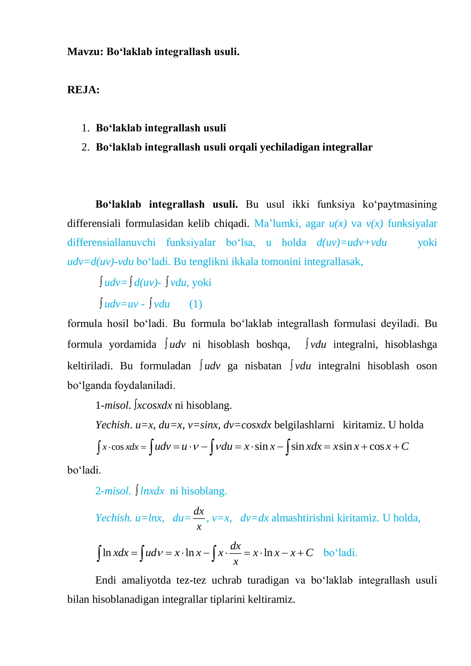 Bo‘laklab integrallash usuli
