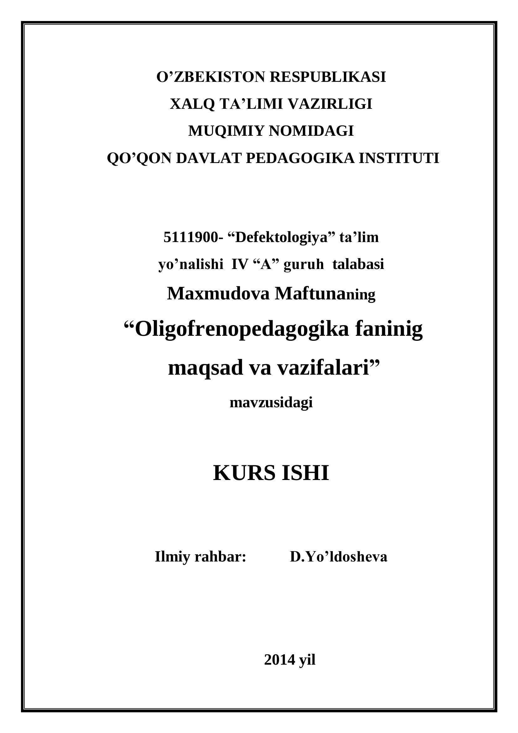 "Oligofrenopedagogika faninig maqsad va vazifalari"