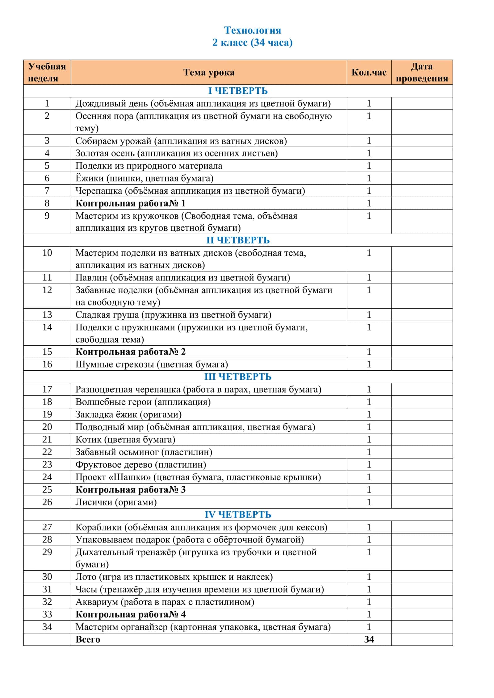 Технология 2 класс (34 часа)