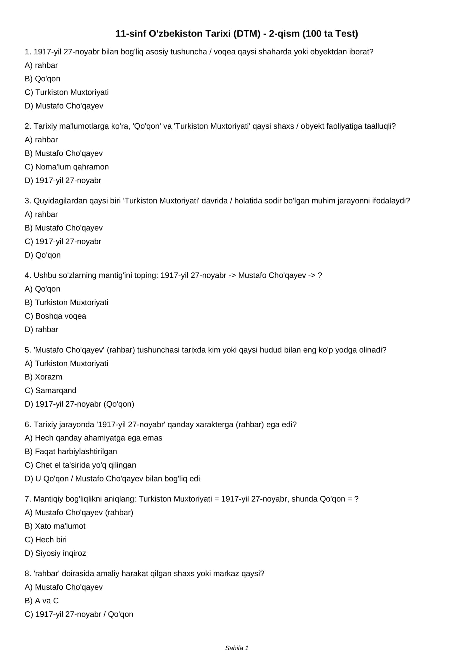 11-sinf O'zbekiston Tarixi (DTM) - 2-qism (100 ta Test)