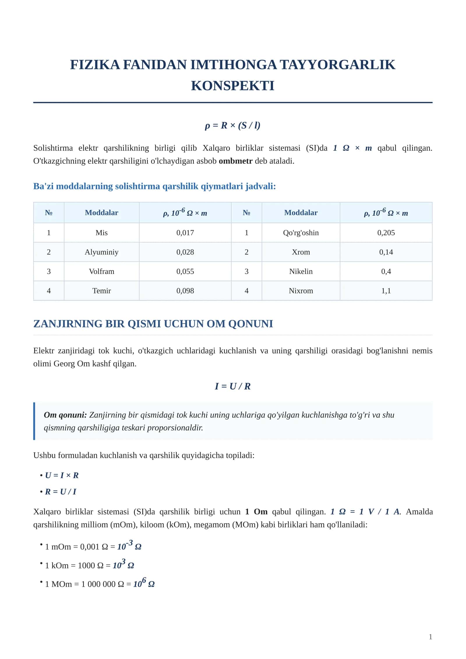 FIZIKA FANIDAN IMTIHONGA TAYYORGARLIK KONSPEKTI