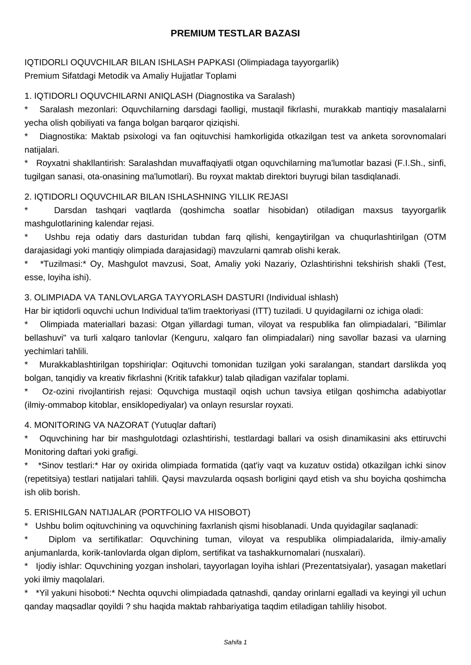 IQTIDORLI OQUVCHILAR BILAN ISHLASH PAPKASI