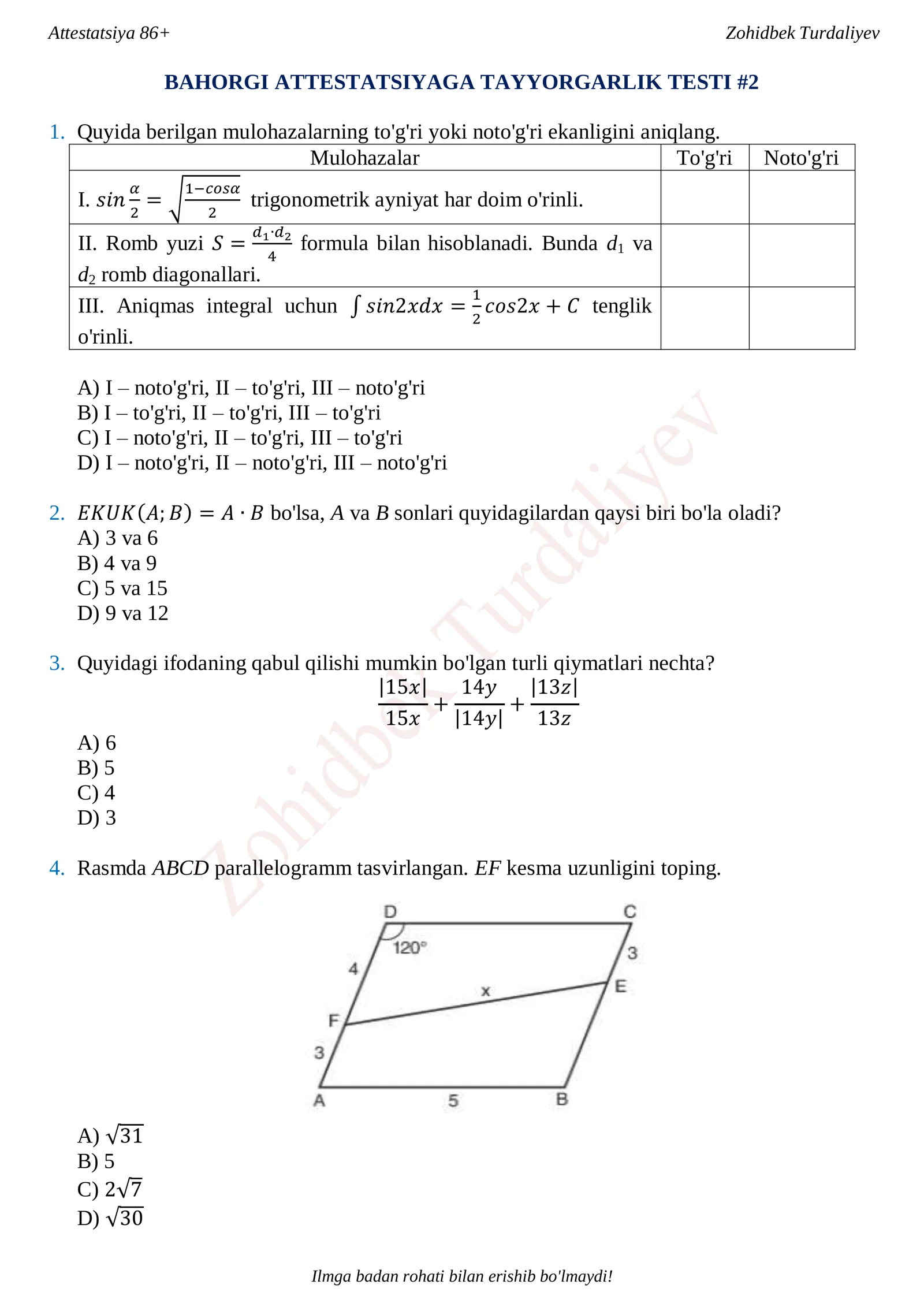 BAHORGI ATTESTATSIYAGA TAYYORGARLIK TESTI #2