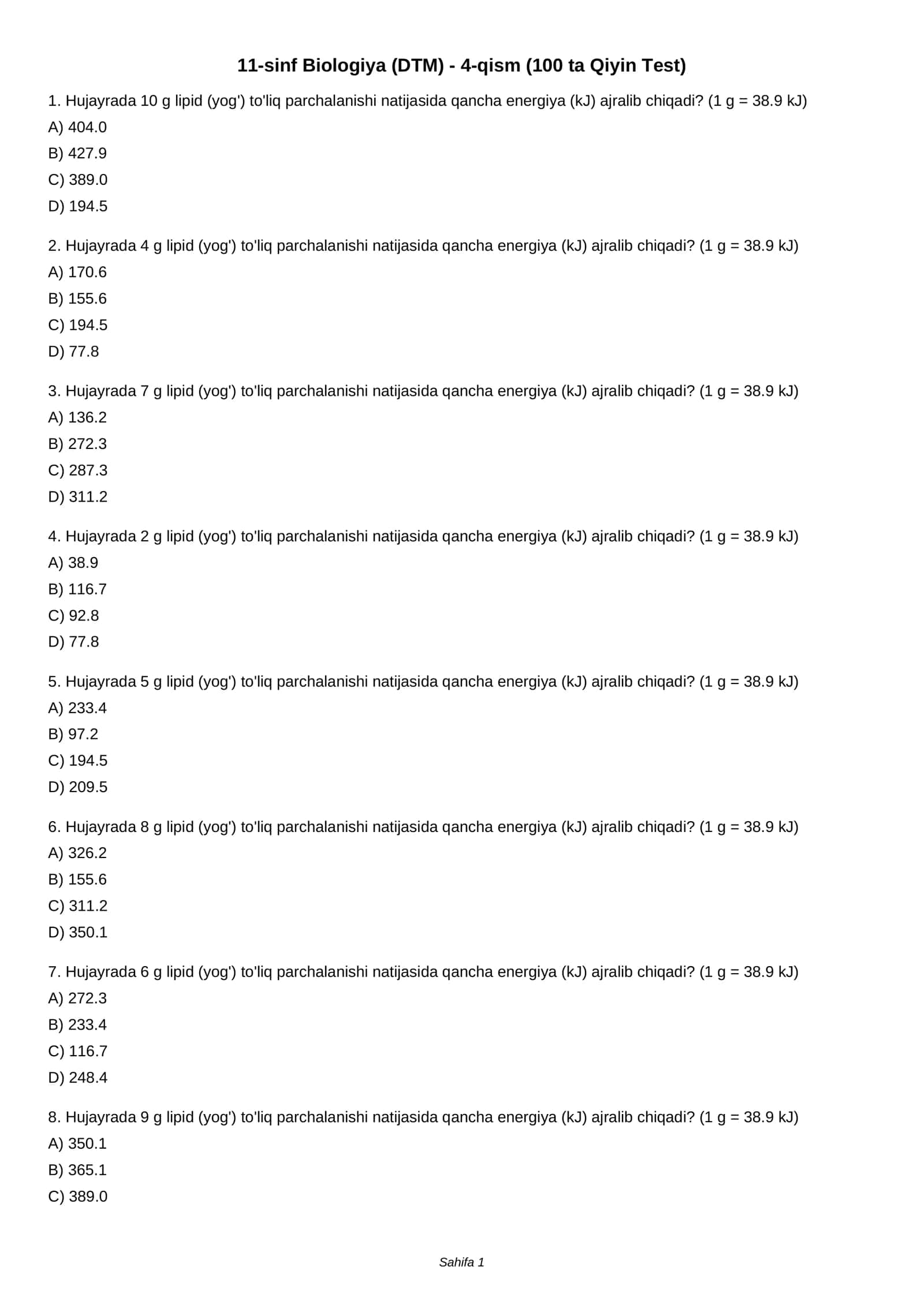 11-sinf Biologiya (DTM) - 4-qism (100 ta Qiyin Test)
