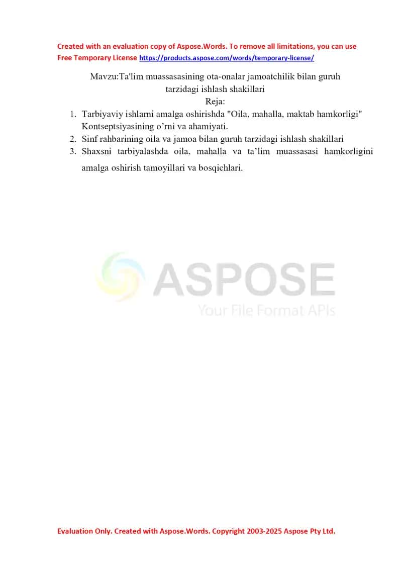 Ta'lim muassasasining ota-onalar jamoatchilik bilan guruh  tarzidagi ishlash shakillari