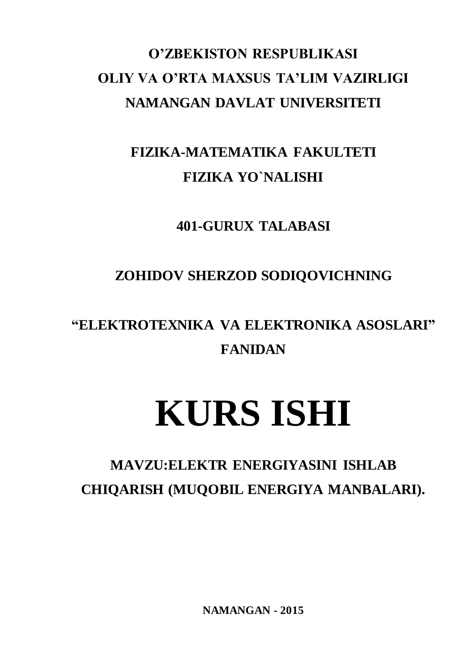 ELEKTR ENERGIYASINI ISHLAB CHIQARISH