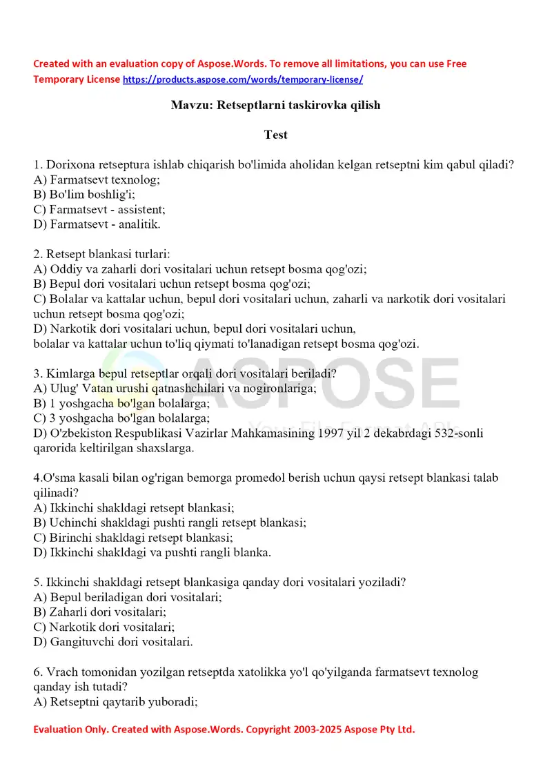 7. Retseptlarni taskirovka qilish. Test 20 ta javobi bilan.
