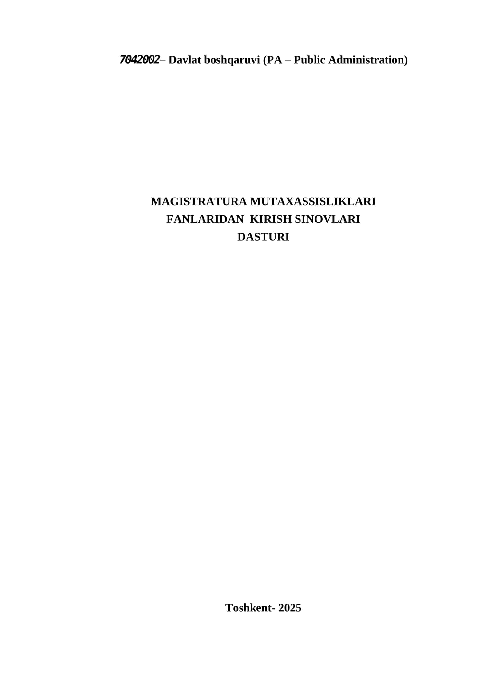 Magistratura mutaxassisliklari fanlaridan kirish sinovlari dasturi