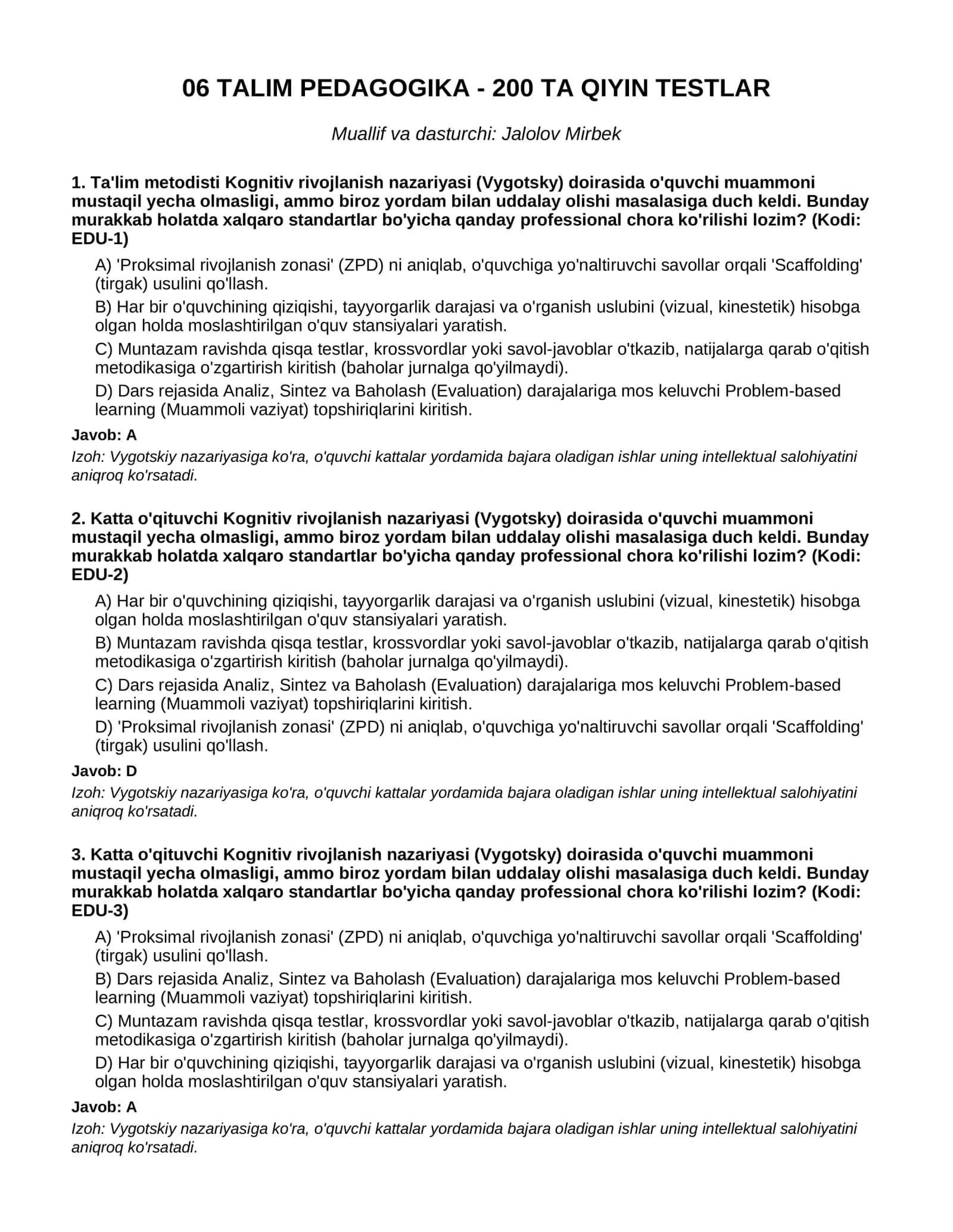 06 TALIM PEDAGOGIKA - 200 TA QIYIN TESTLAR