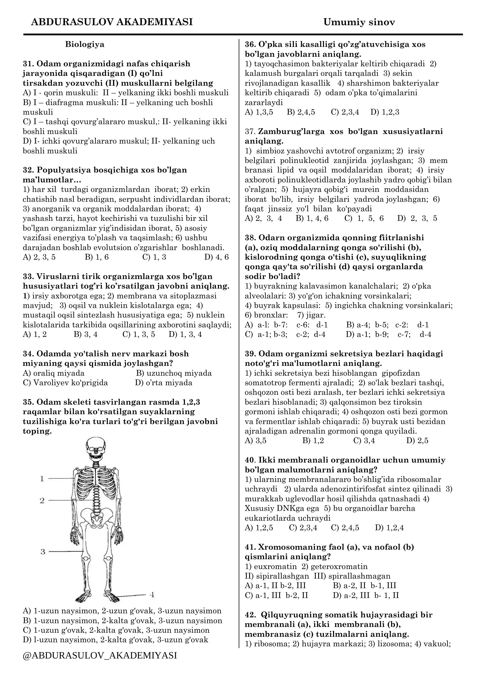 ABDURASULOV AKADEMIYASI Umumiy sinov