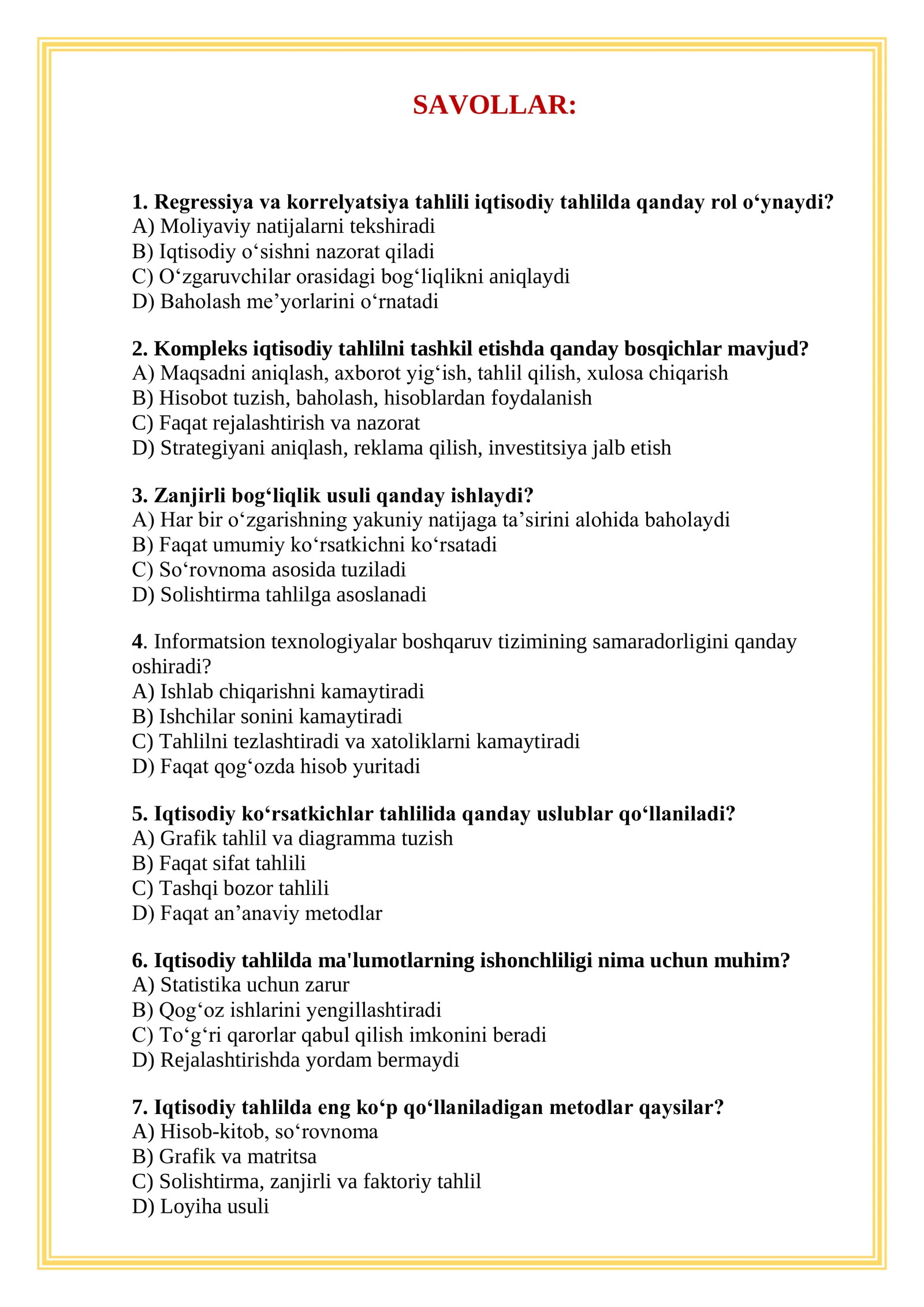 TEST iqtisod Savollar va javoblar