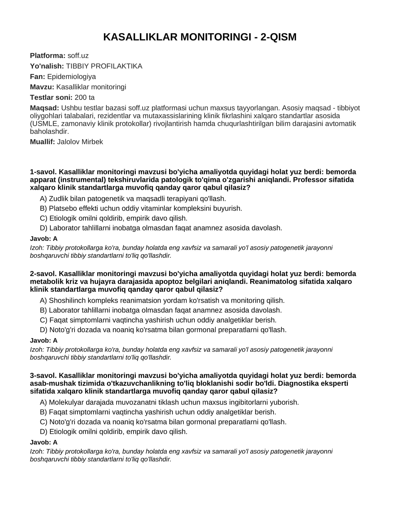 KASALLIKLAR MONITORINGI - 2-QISM