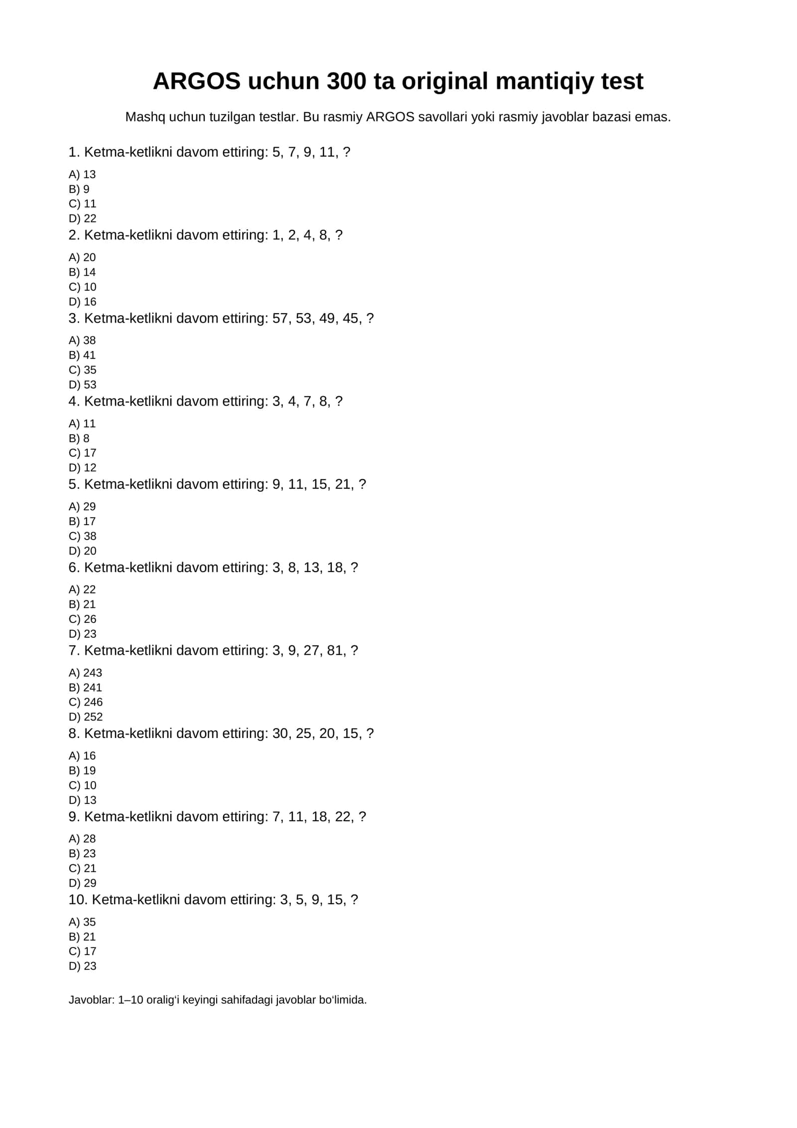 ARGOS uchun 300 ta mantiqiy IQ test — savollar va javoblar bilan