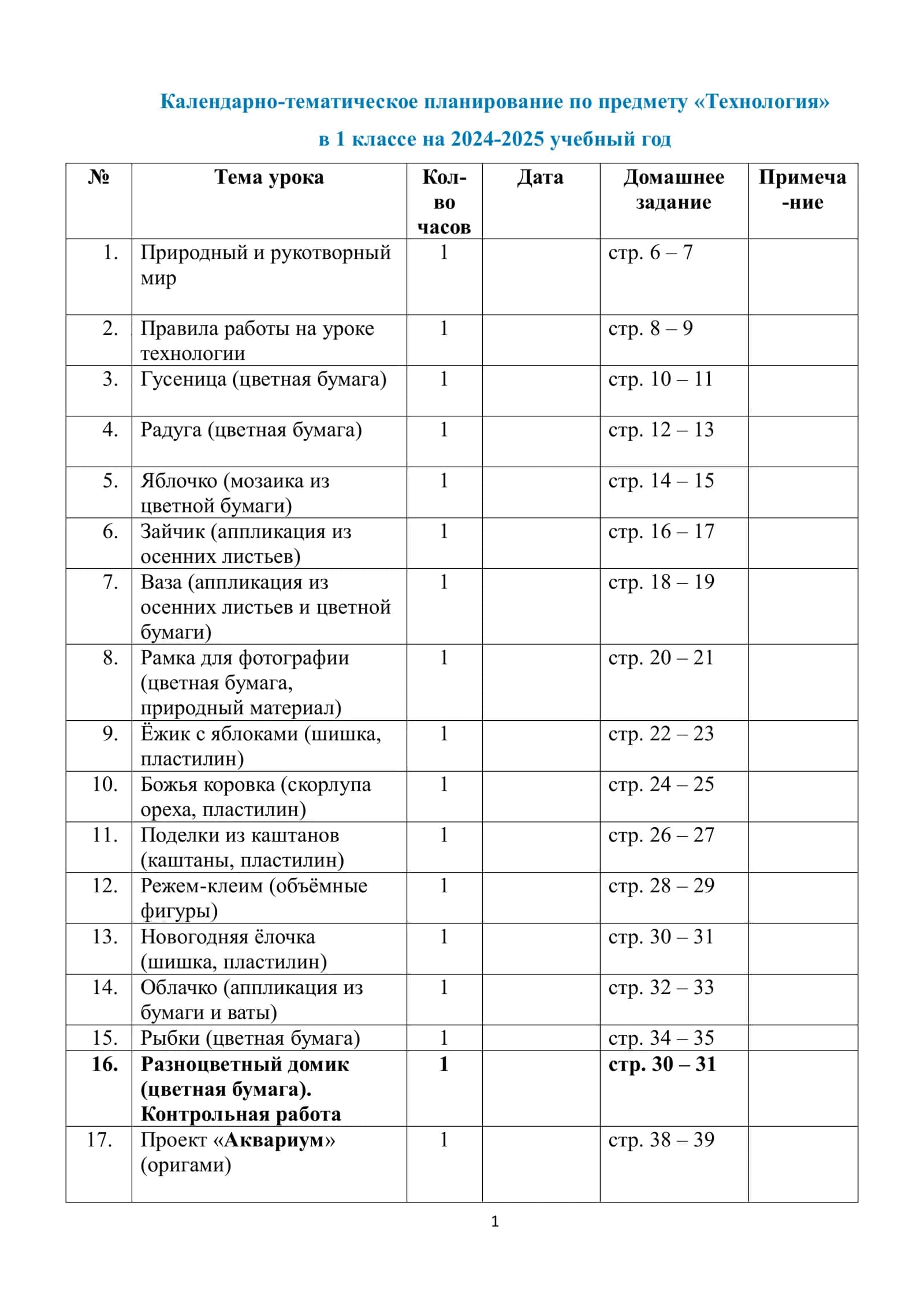 Календарно-тематическое планирование по предмету «Технология» в 1 классе на 2024-2025 учебный год
