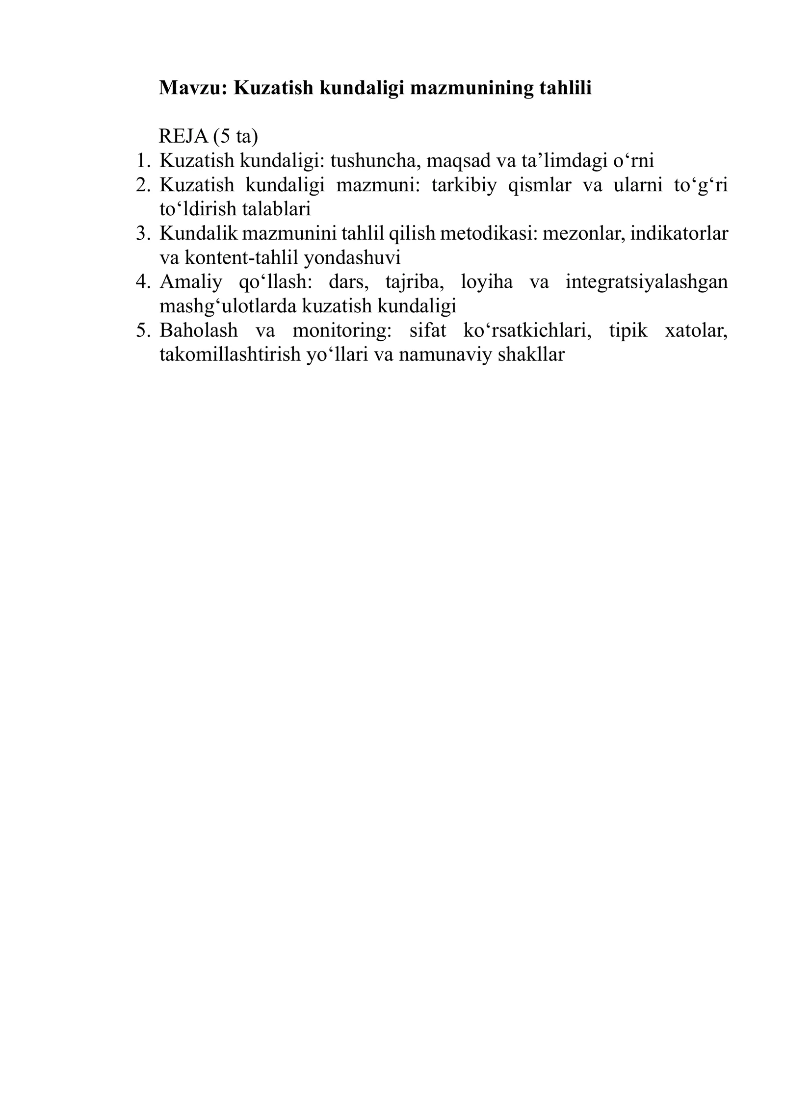 Kuzatish kundaligi mazmunining tahlili