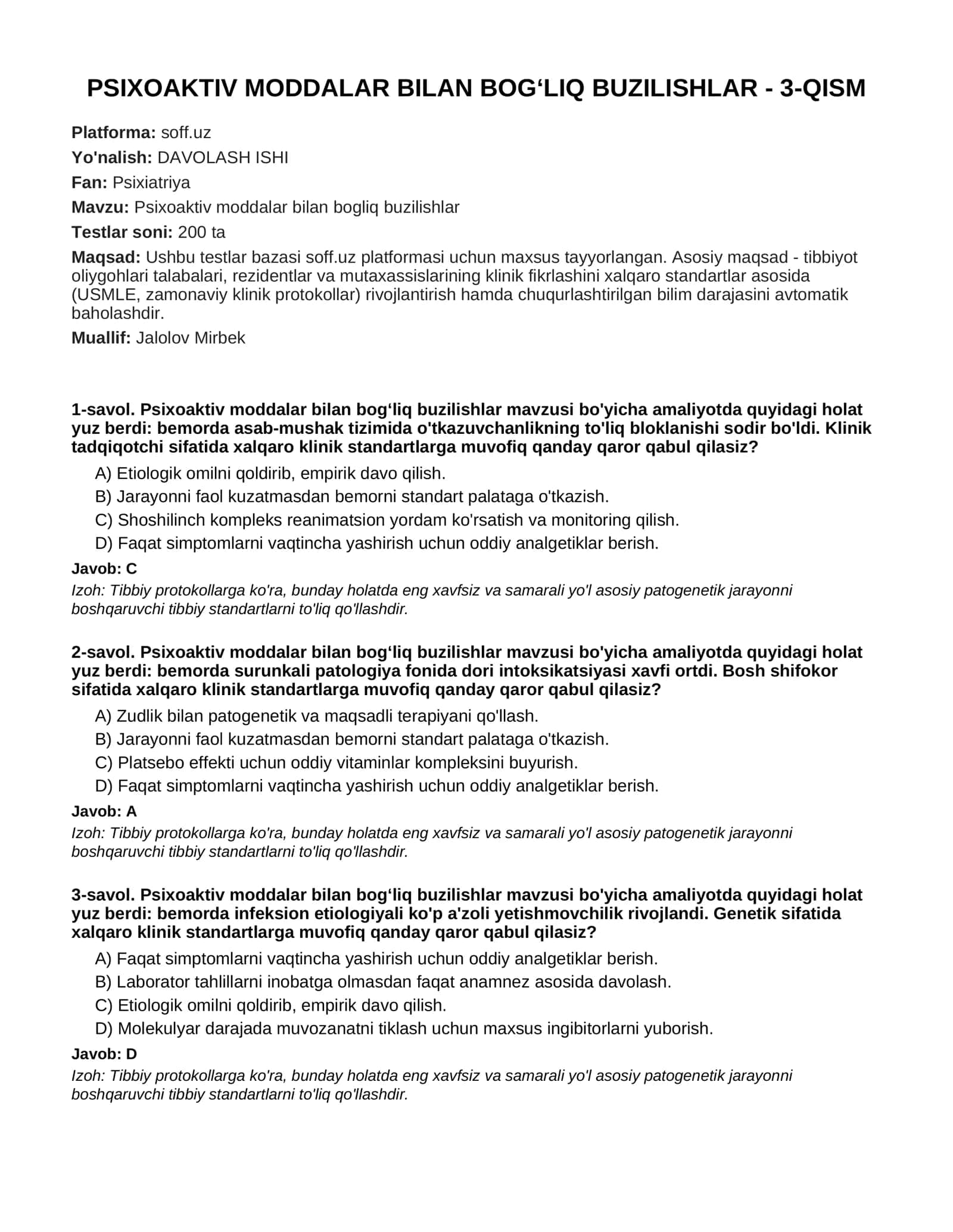 Psixoaktiv moddalar bilan bog‘liq buzilishlar - 3-QISM