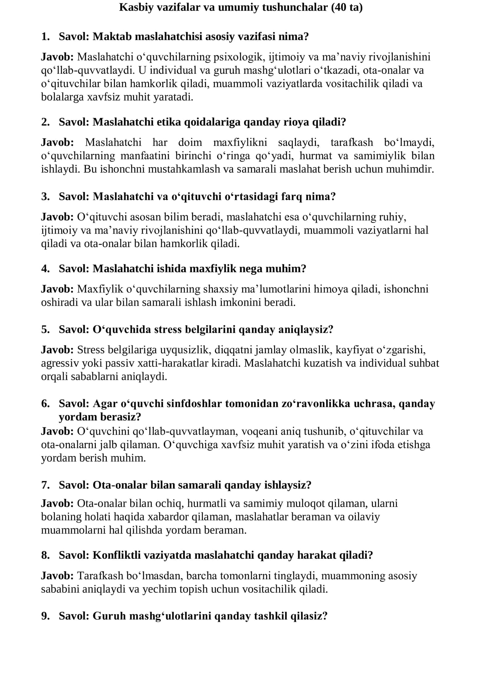 Kasbiy vazifalar va umumiy tushunchalar