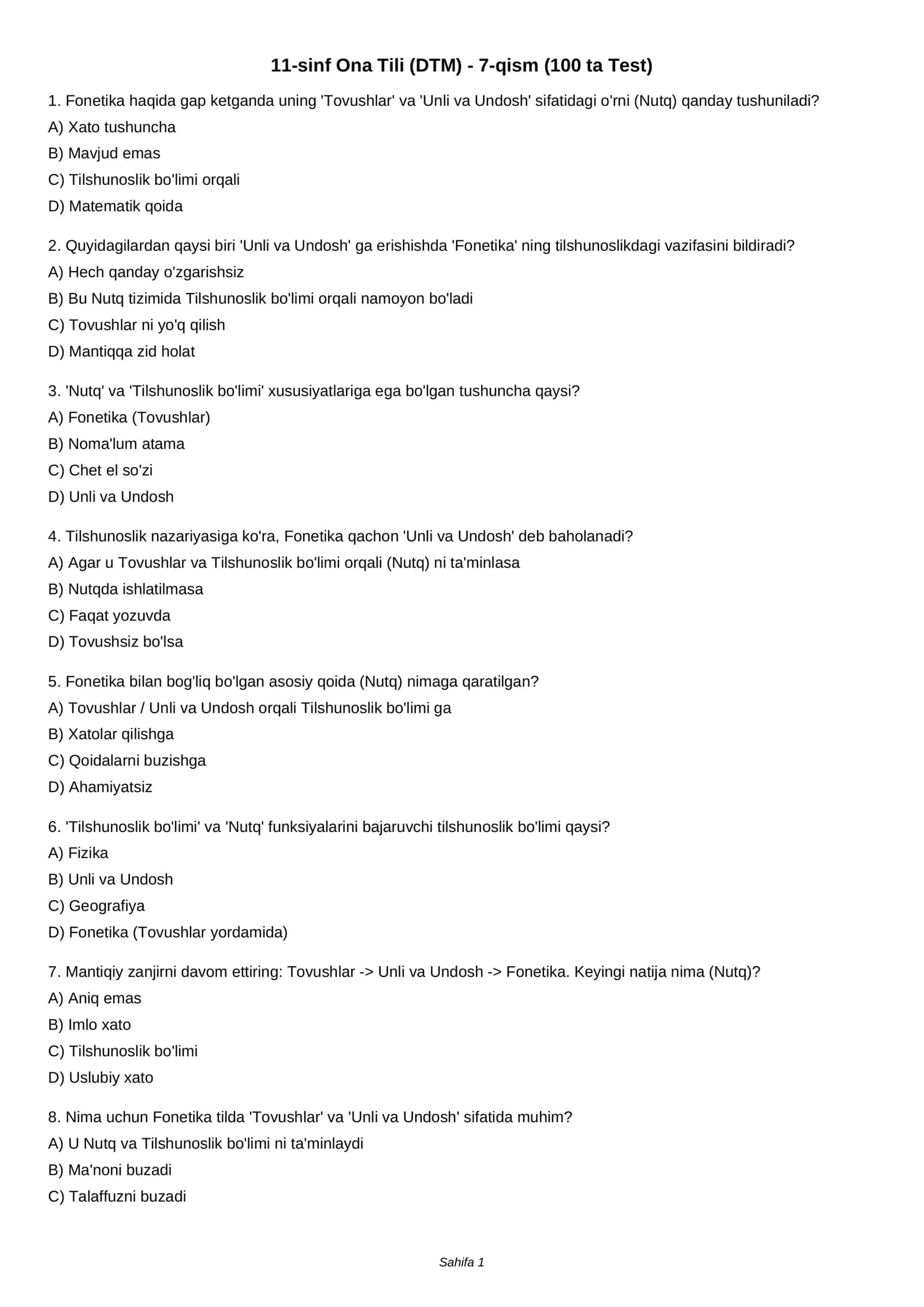 11-sinf Ona Tili (DTM) - 7-qism (100 ta Test)