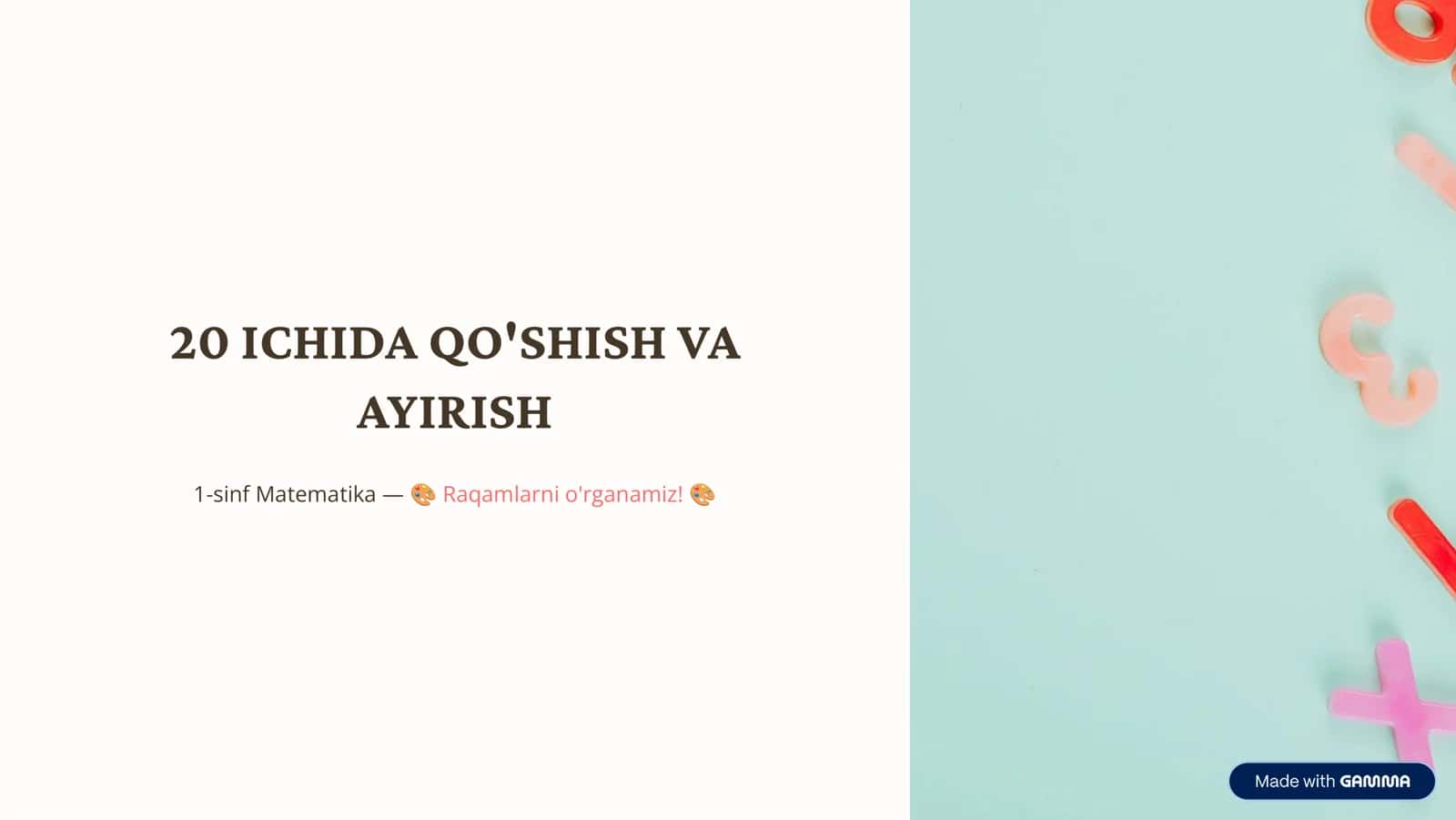 1-sinf matematika 20 ICHIDA QO'SHISH VA AYIRISH