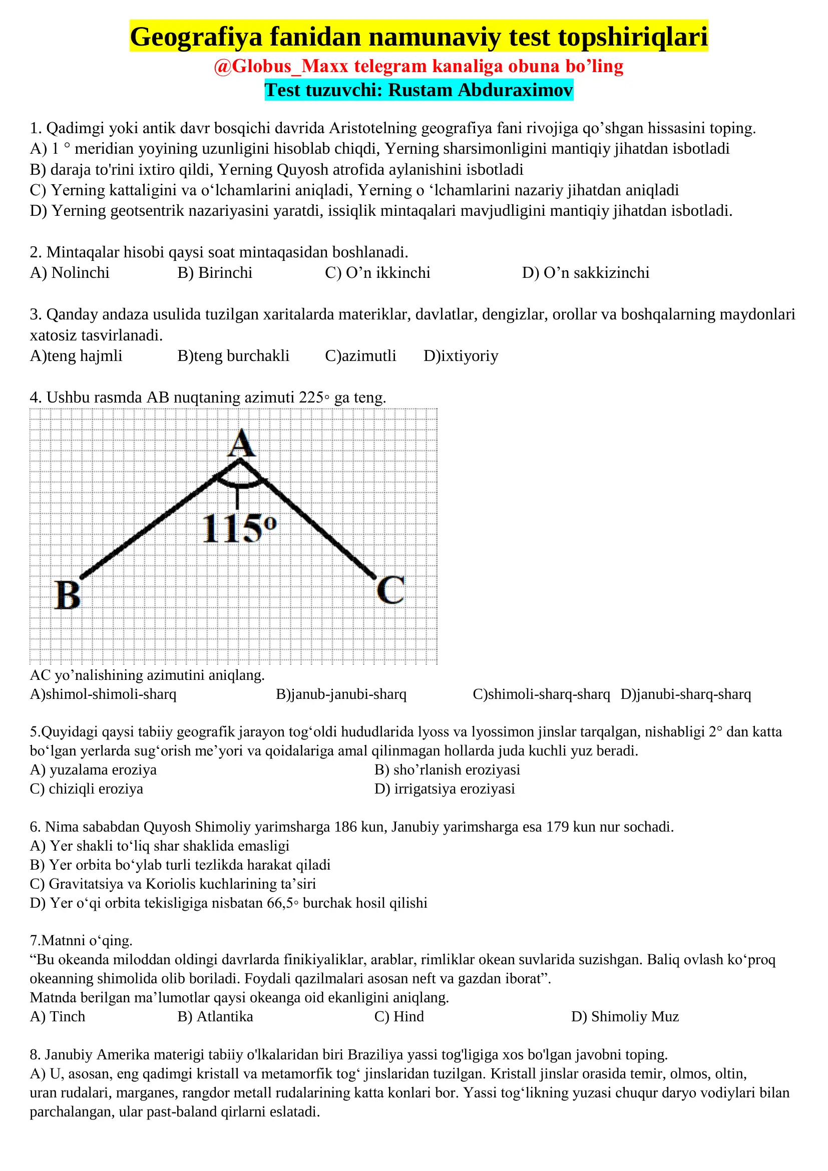 Geografiya fanidan namunaviy test topshiriqlari
