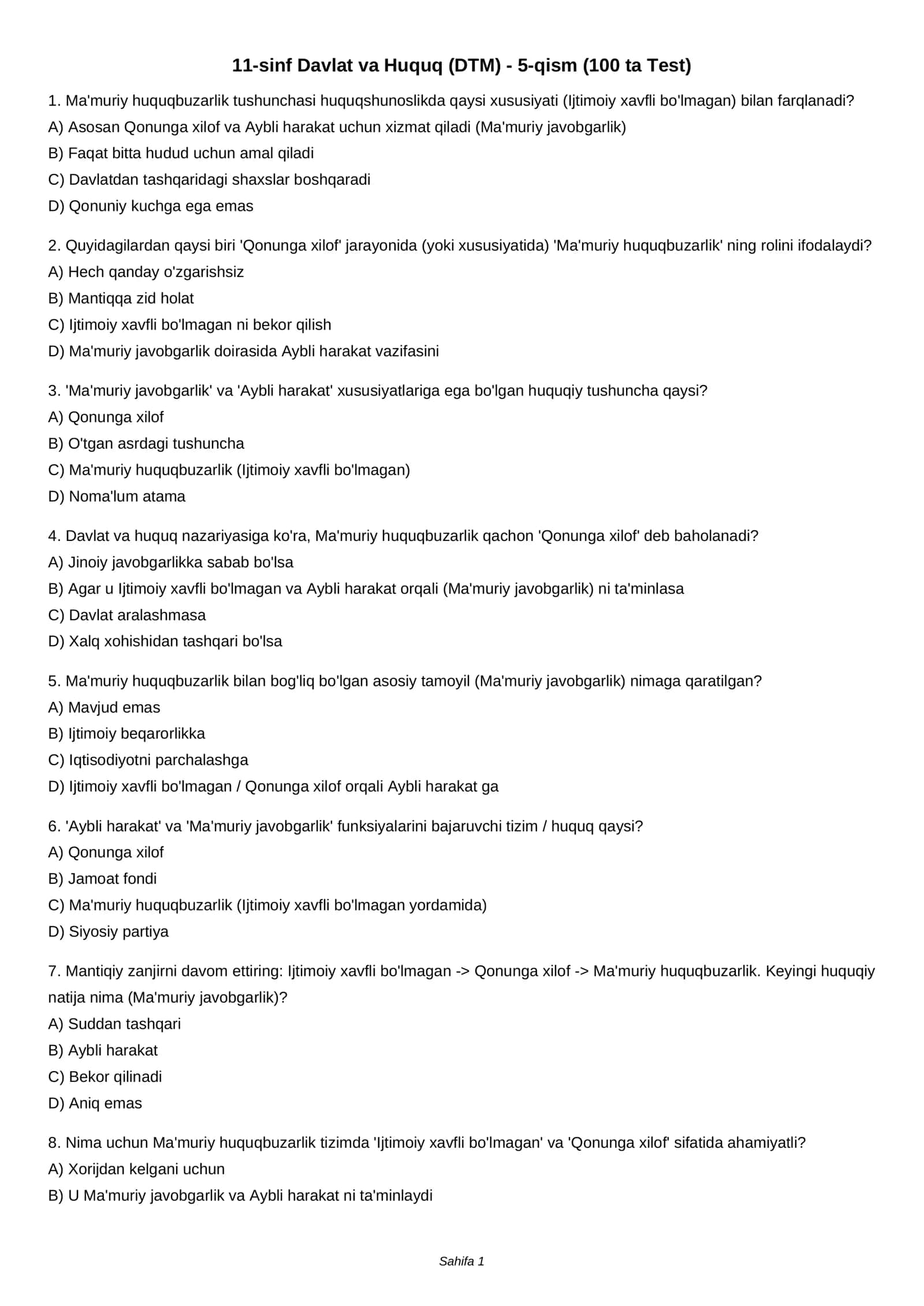 11-sinf Davlat va Huquq (DTM) - 5-qism (100 ta Test)