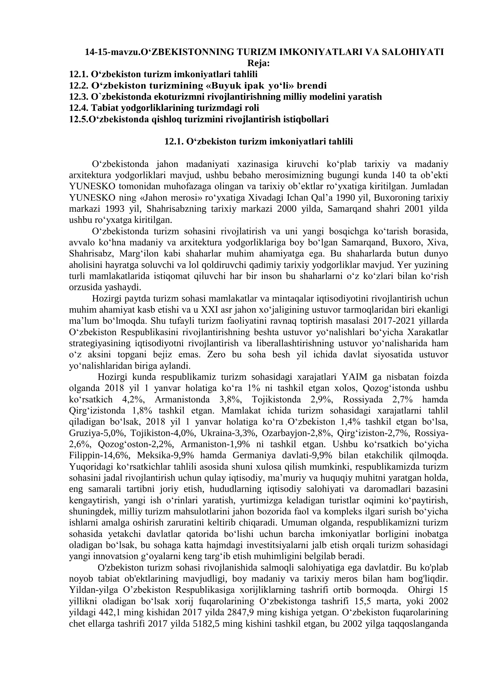 O„ZBEKISTONNING TURIZM IMKONIYATLARI VA SALOHIYATI