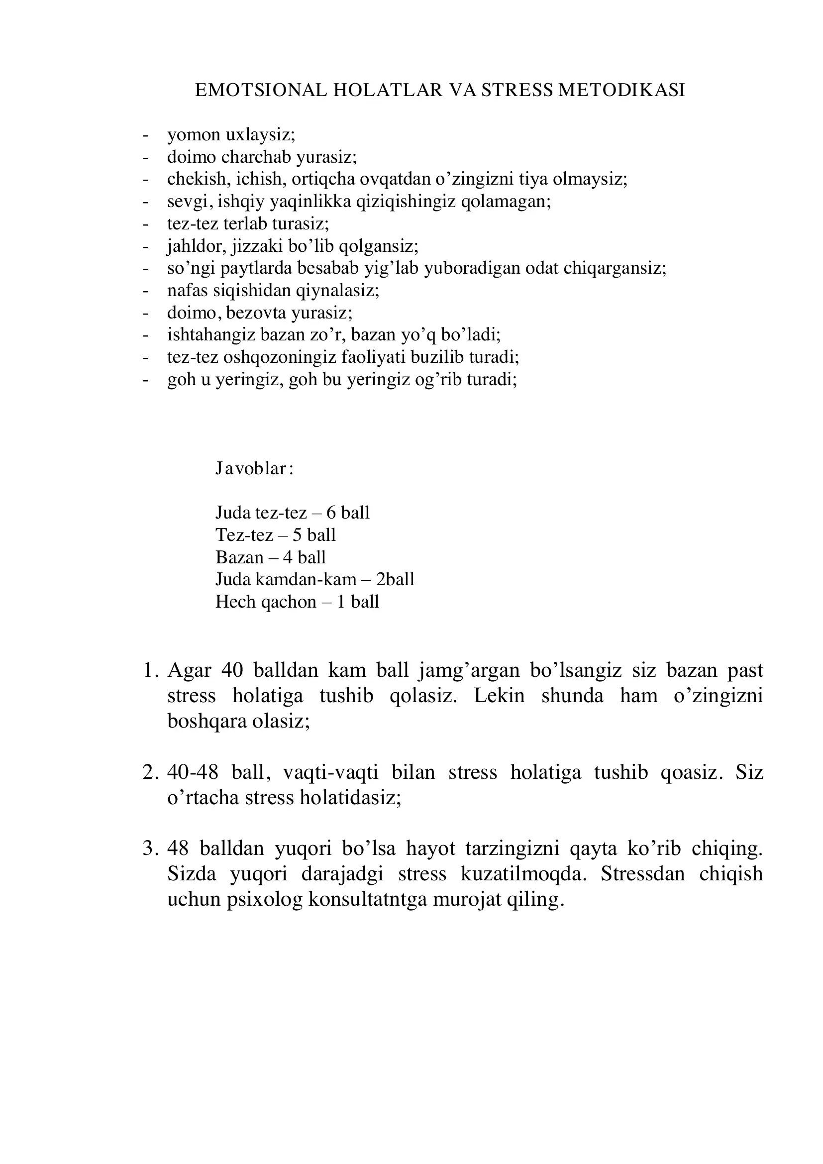 EMOTSIONAL HOLATLAR VA STRESS METODIKASI