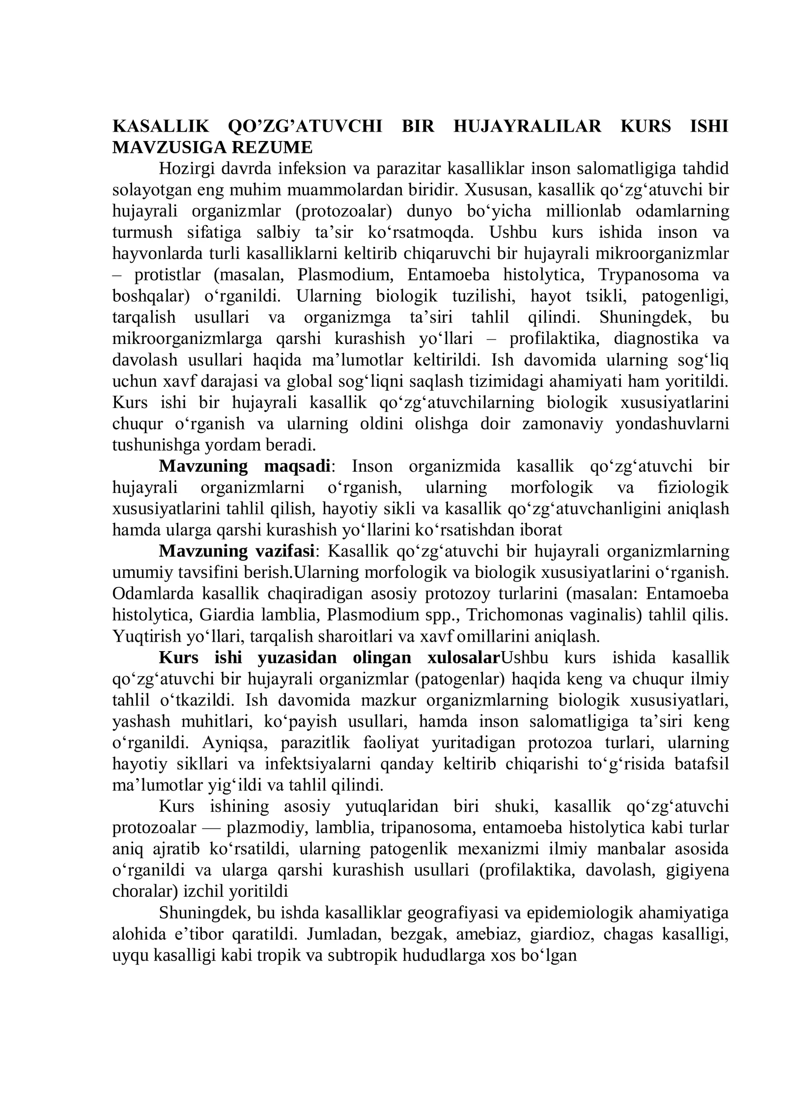 KASALLIK QO’ZG’ATUVCHI BIR HUJAYRALILAR KURS ISHI