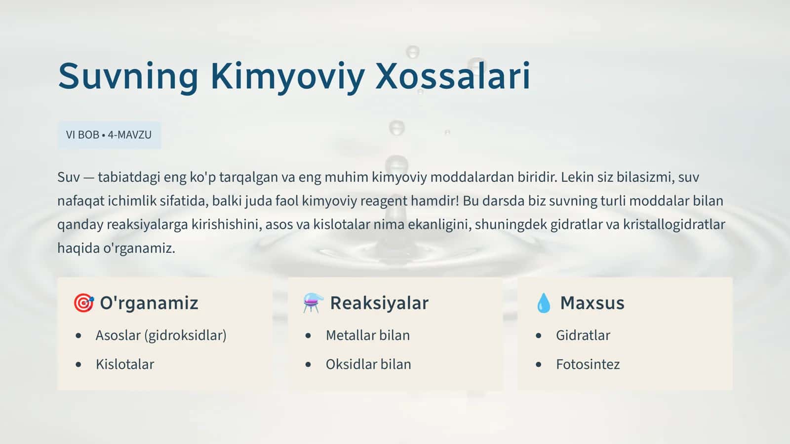 Suvning Kimyoviy Xossalari