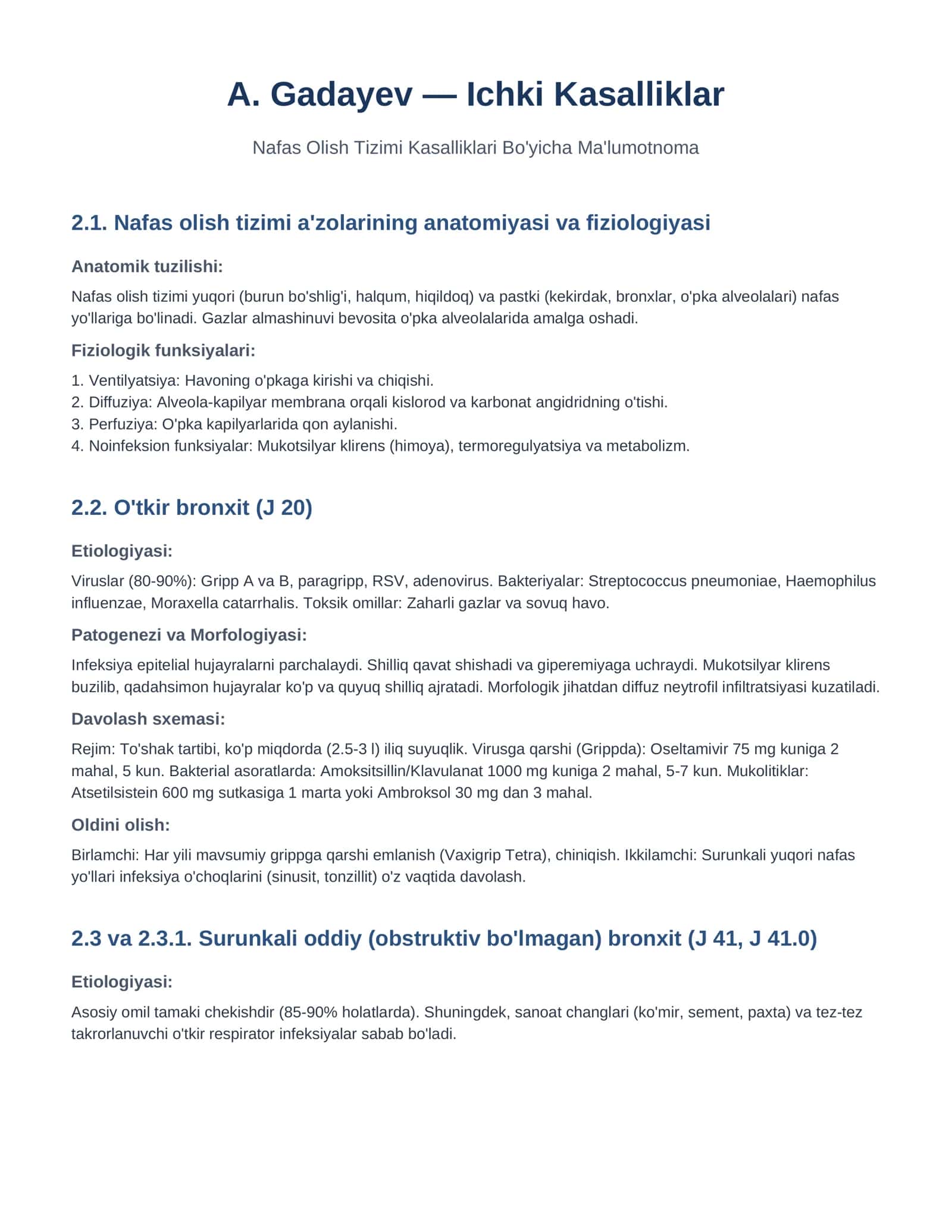 Nafas Olish Tizimi Kasalliklari Bo'yicha Ma'lumotnoma