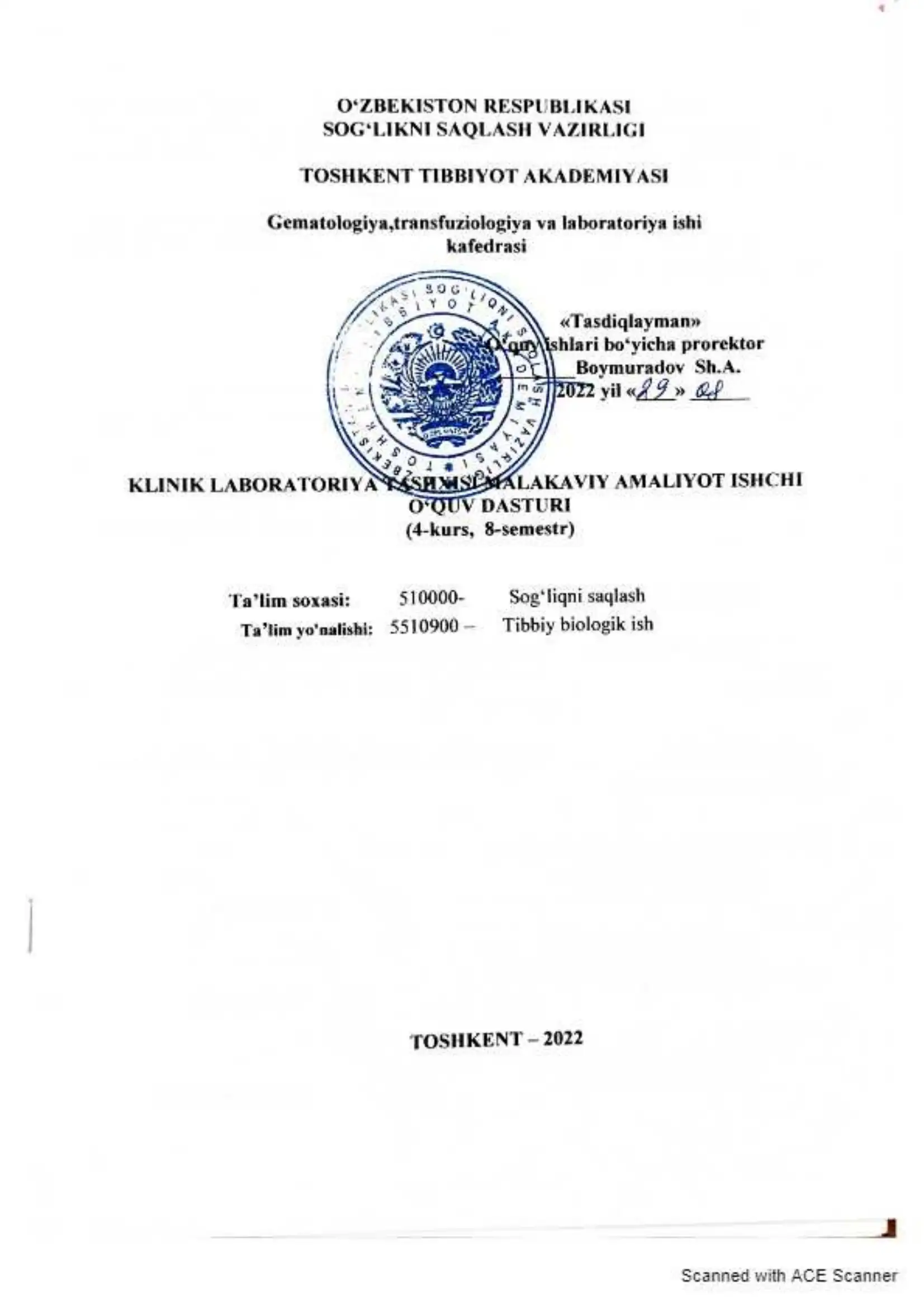 Klinik laboratoriya tashxisi malakaviy amaliyot ishchi o'quv dasturi. gematologiya, transfuziologiya, klinik laboratoriya