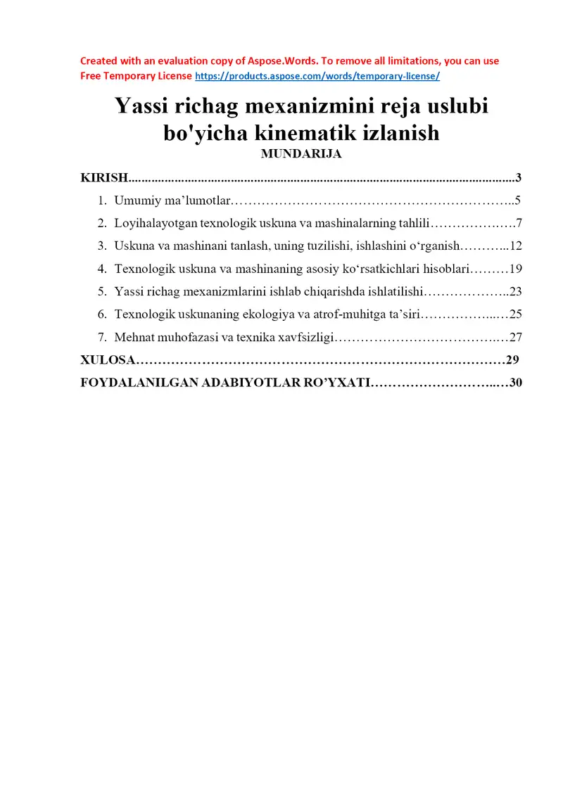 Yassi richag mexanizmini reja uslubi bo'yicha kinematik izlanish