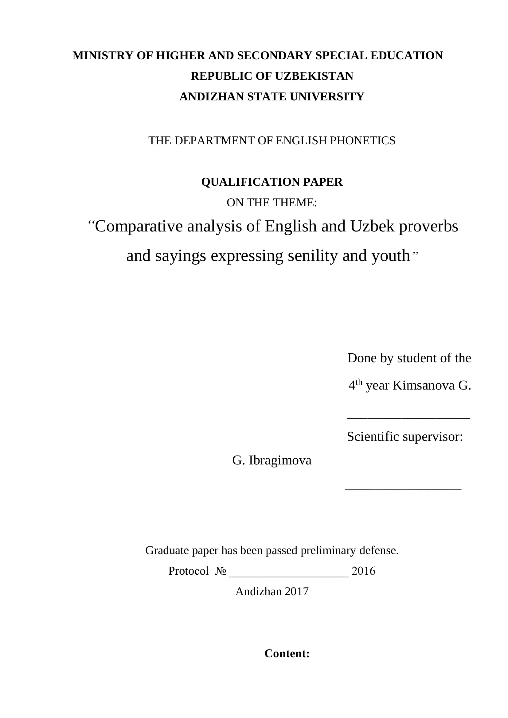 Qualification Paper on "Comparative analysis of English and Uzbek proverbs and sayings expressing senility and youth"