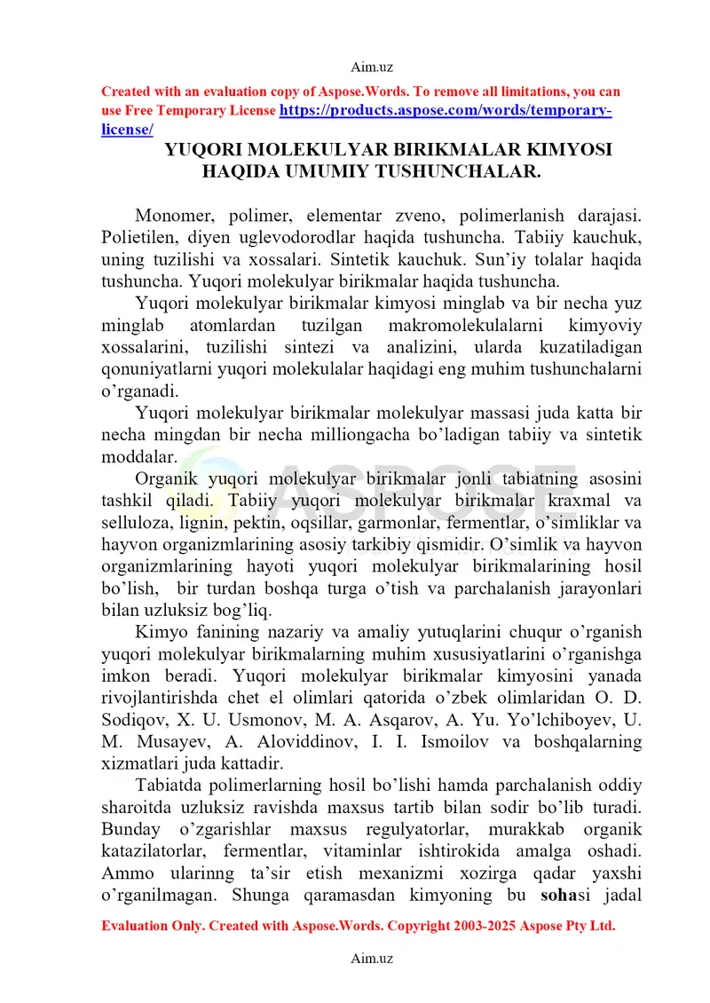 Yuqori molekulyar birikmalar kimyosi haqida umumiy tushunchalar