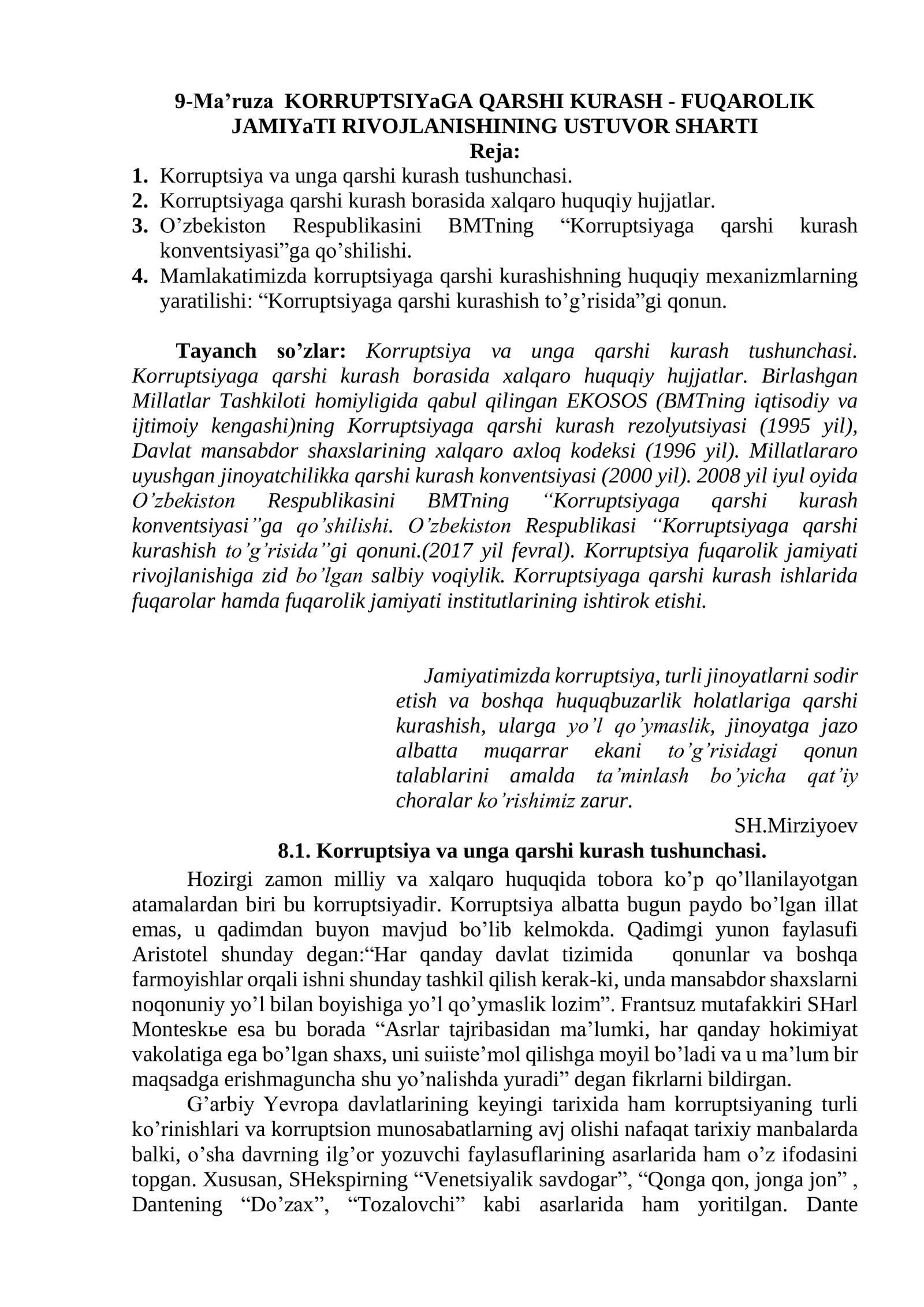 KORRUPTSIYaGA QARSHI KURASH - FUQAROLIK JAMIYaTI RIVOJLANISHINING USTUVOR SHARTI