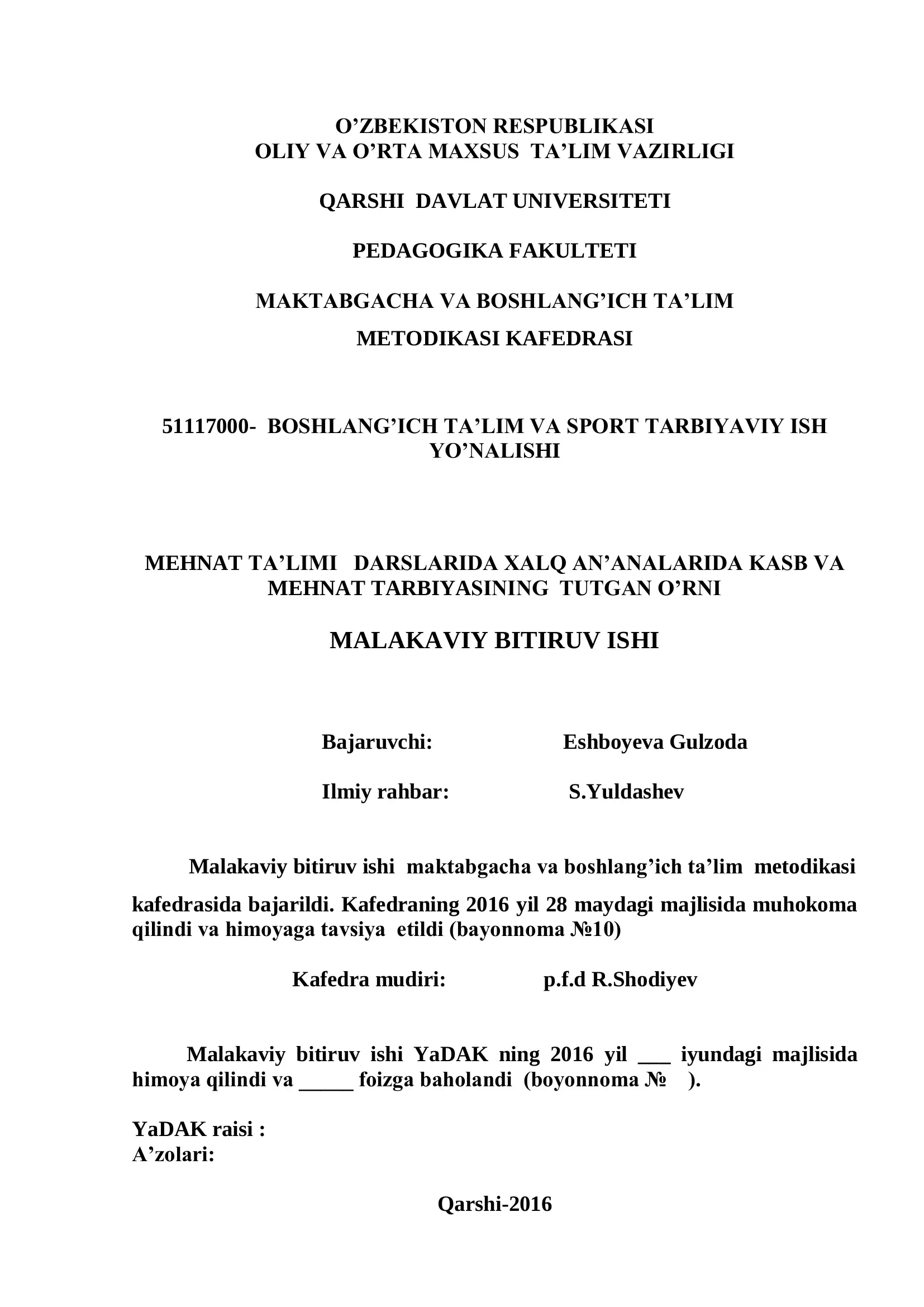 MEHNAT TA’LIMI DARSLARIDA XALQ AN’ANALARIDA KASB VA MEHNAT TARBIYASINING TUTGAN O’RNI