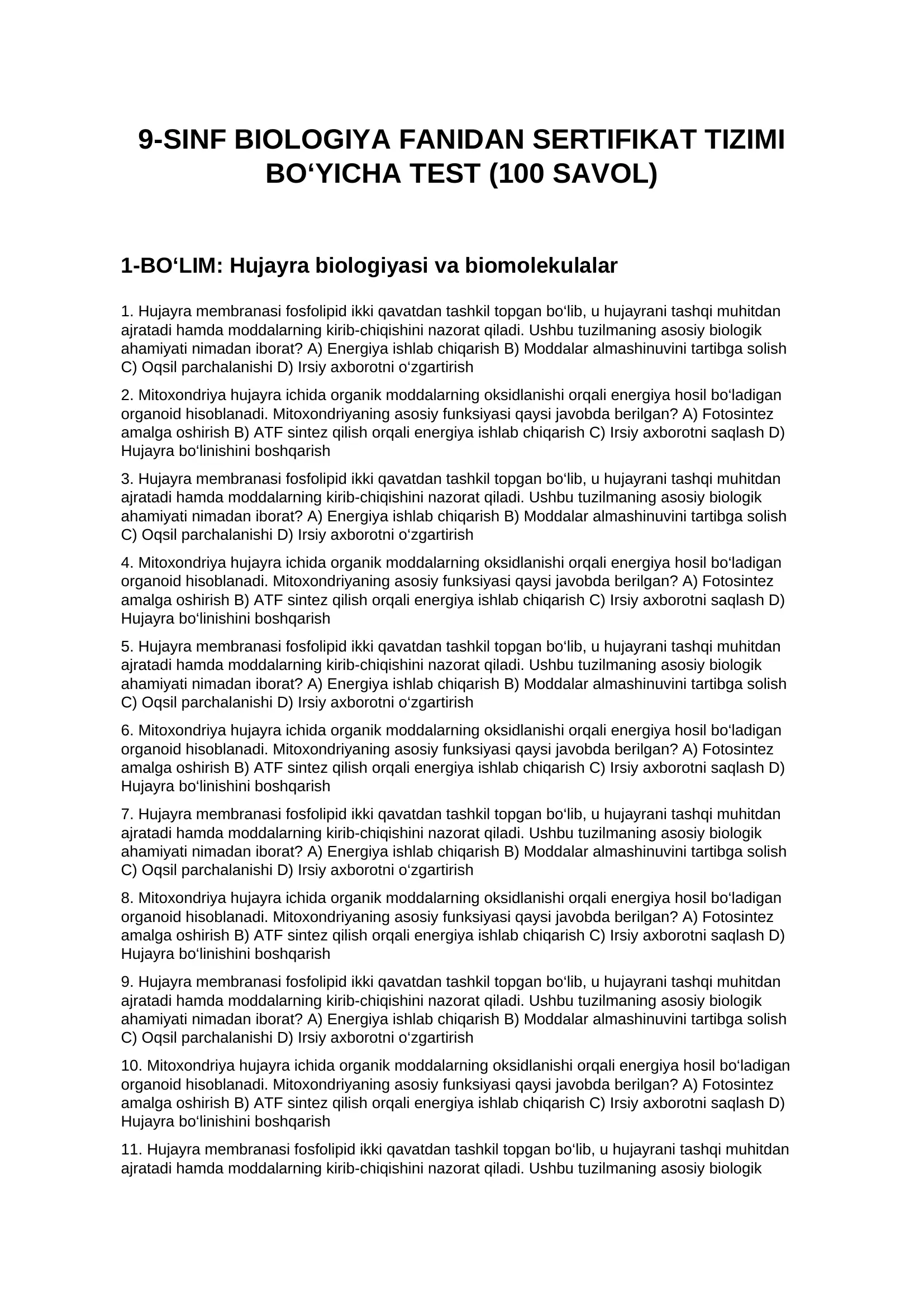 9-SINF BIOLOGIYA FANIDAN SERTIFIKAT TIZIMI BO‘YICHA TEST (100 SAVOL)